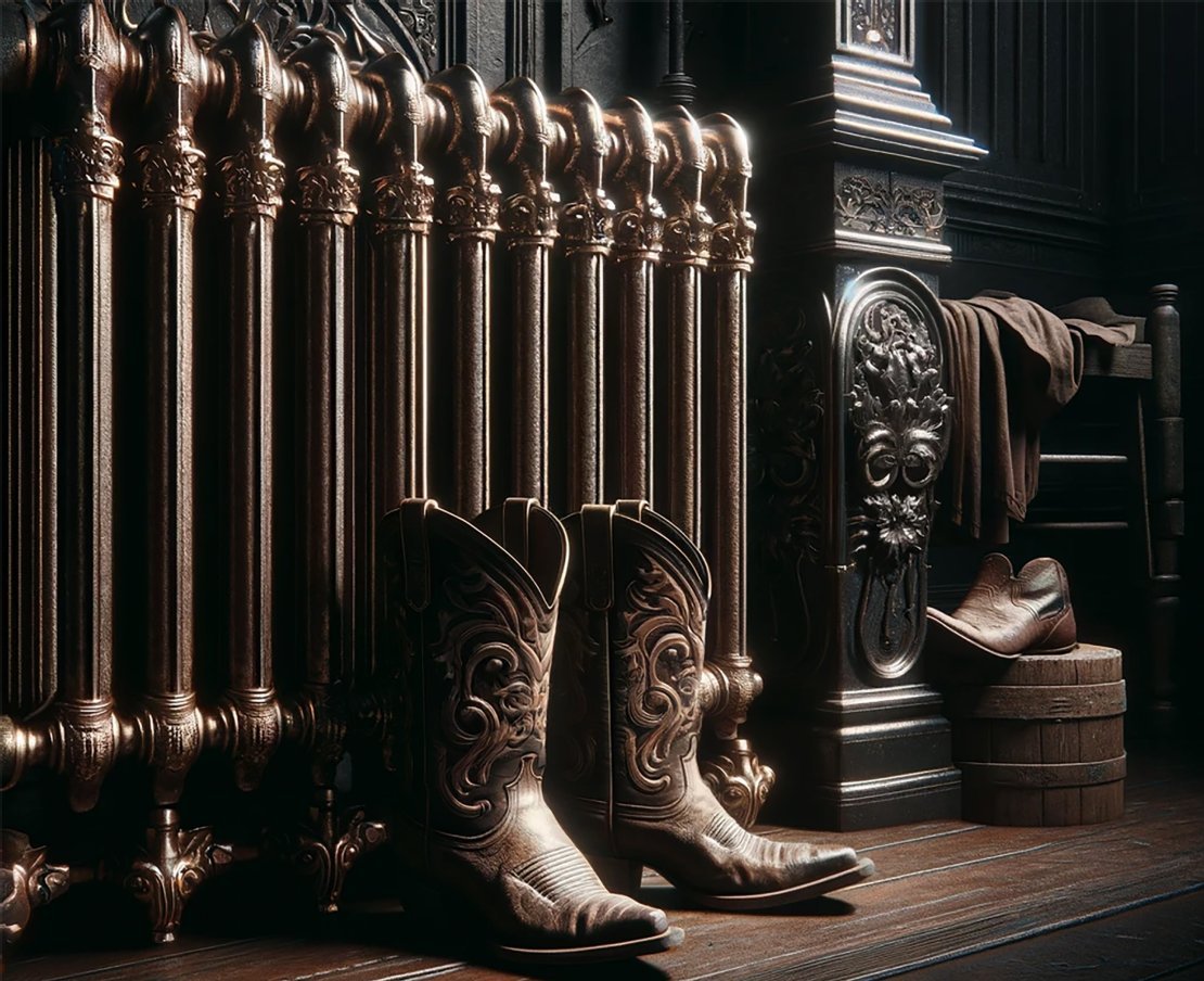 Western Gothic cowboy boots, drying by a radiator