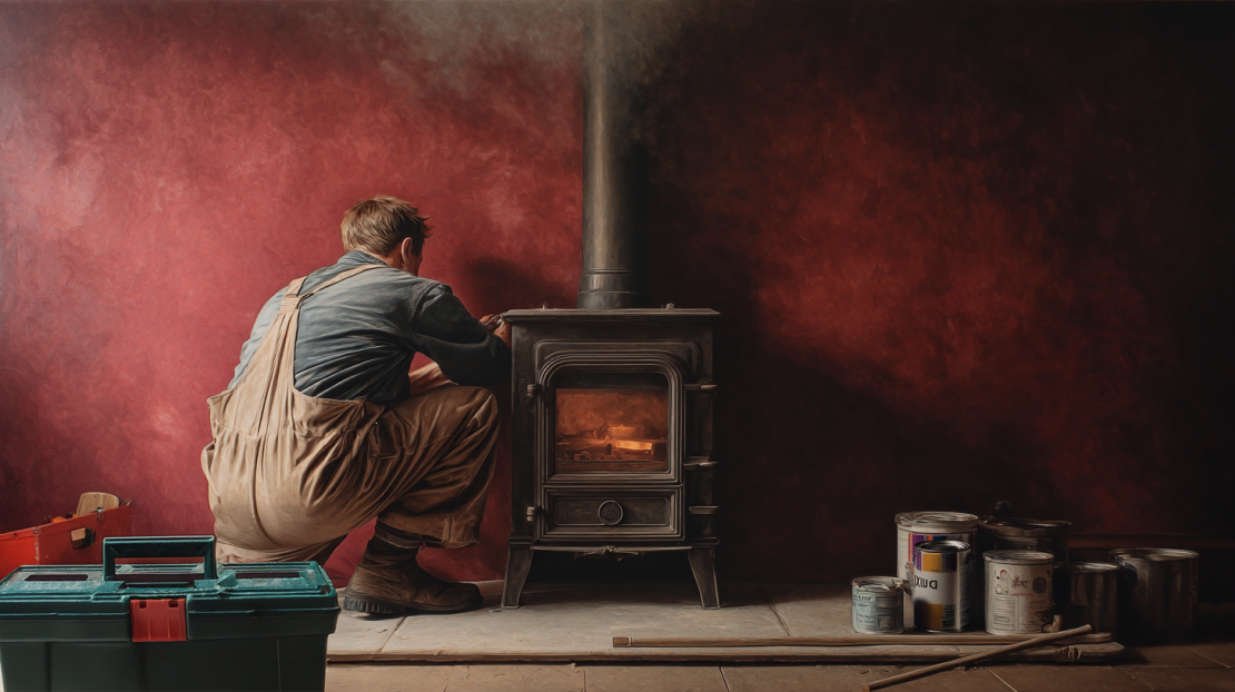 Look burning stove being fitted by a gentleman with his toolbox