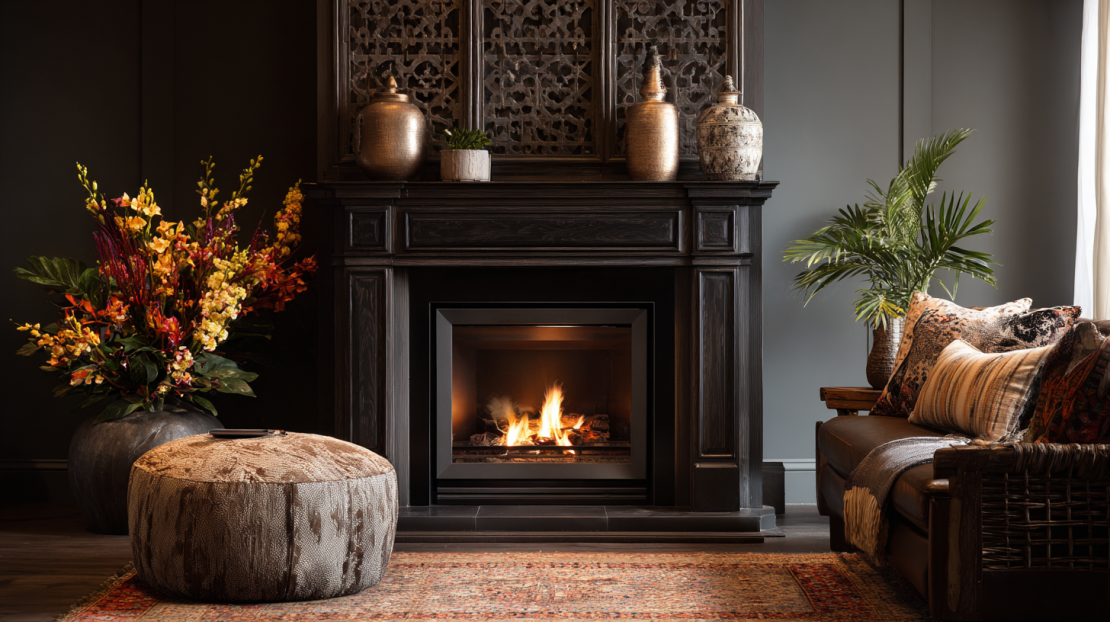 Traditional fireplace surround with a contemporary insert in situ