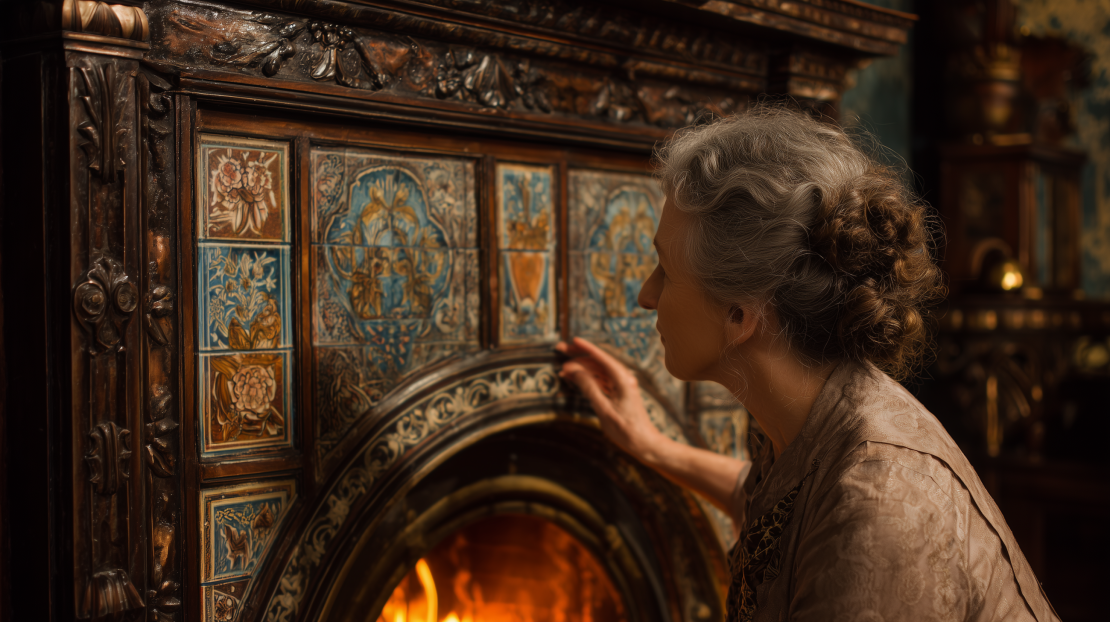 An art historian looking at a Fireplace
