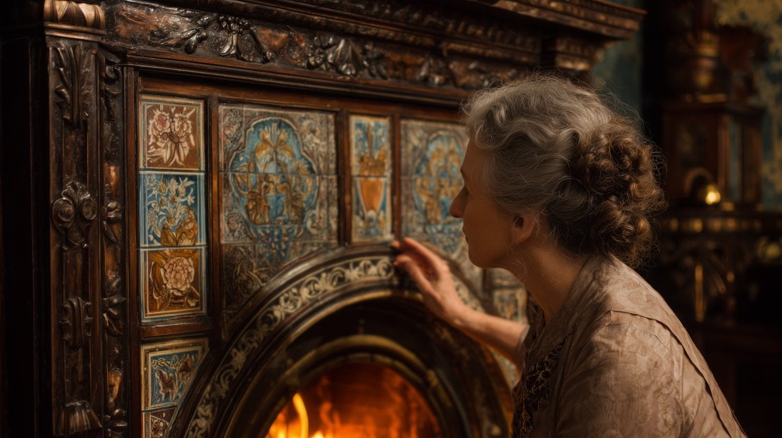 An art historian looking at a Fireplace