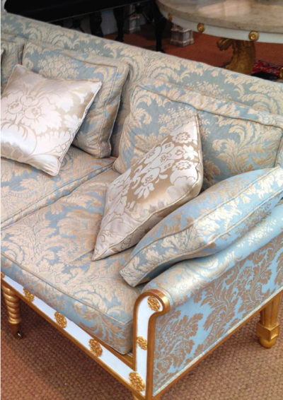 Sofa with blue silk fabric