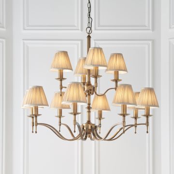 Stanford antique brass 12 light ceiling pendant with beige shades