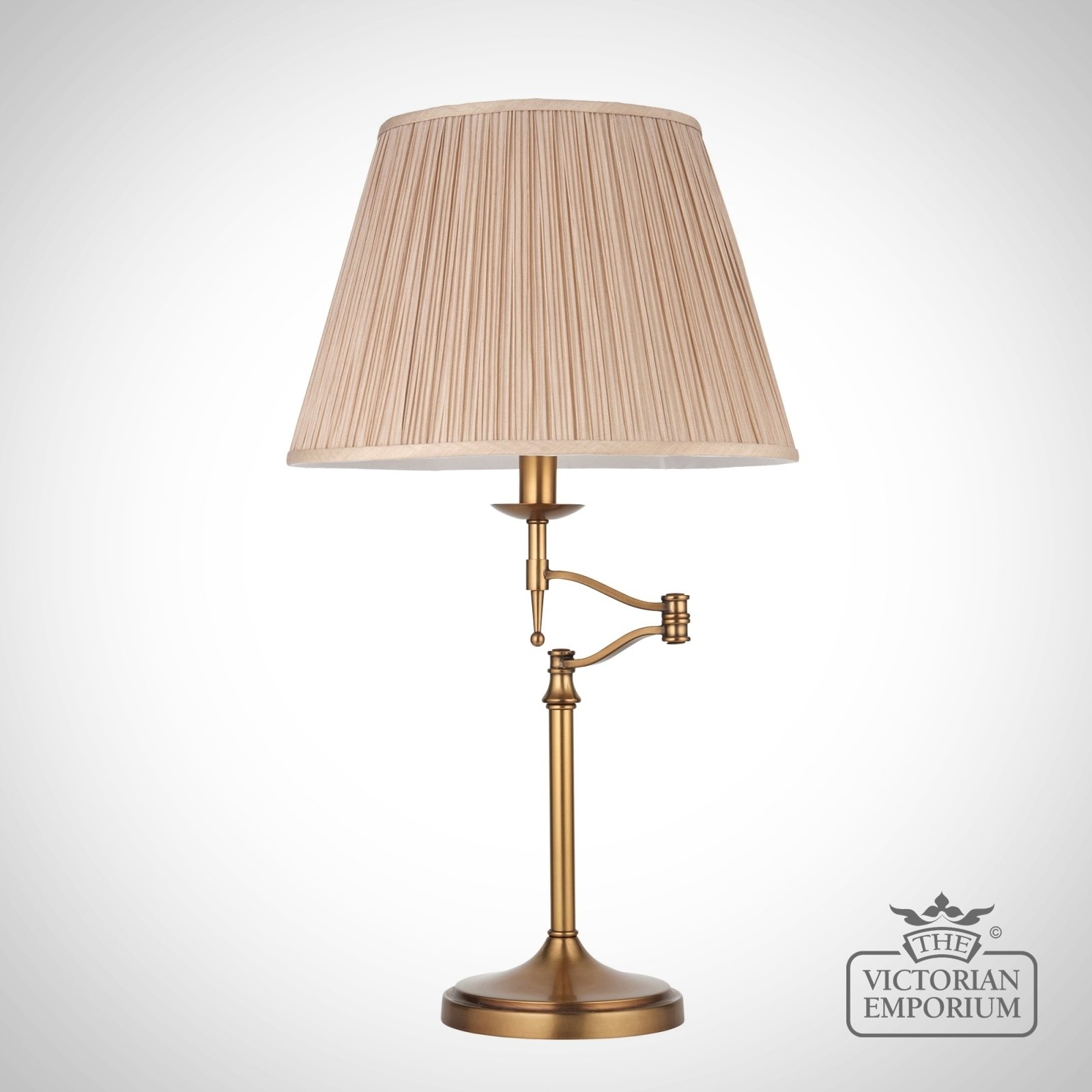 Stanford Antique Brass Swing Arm Table Lamp And Beige Shade