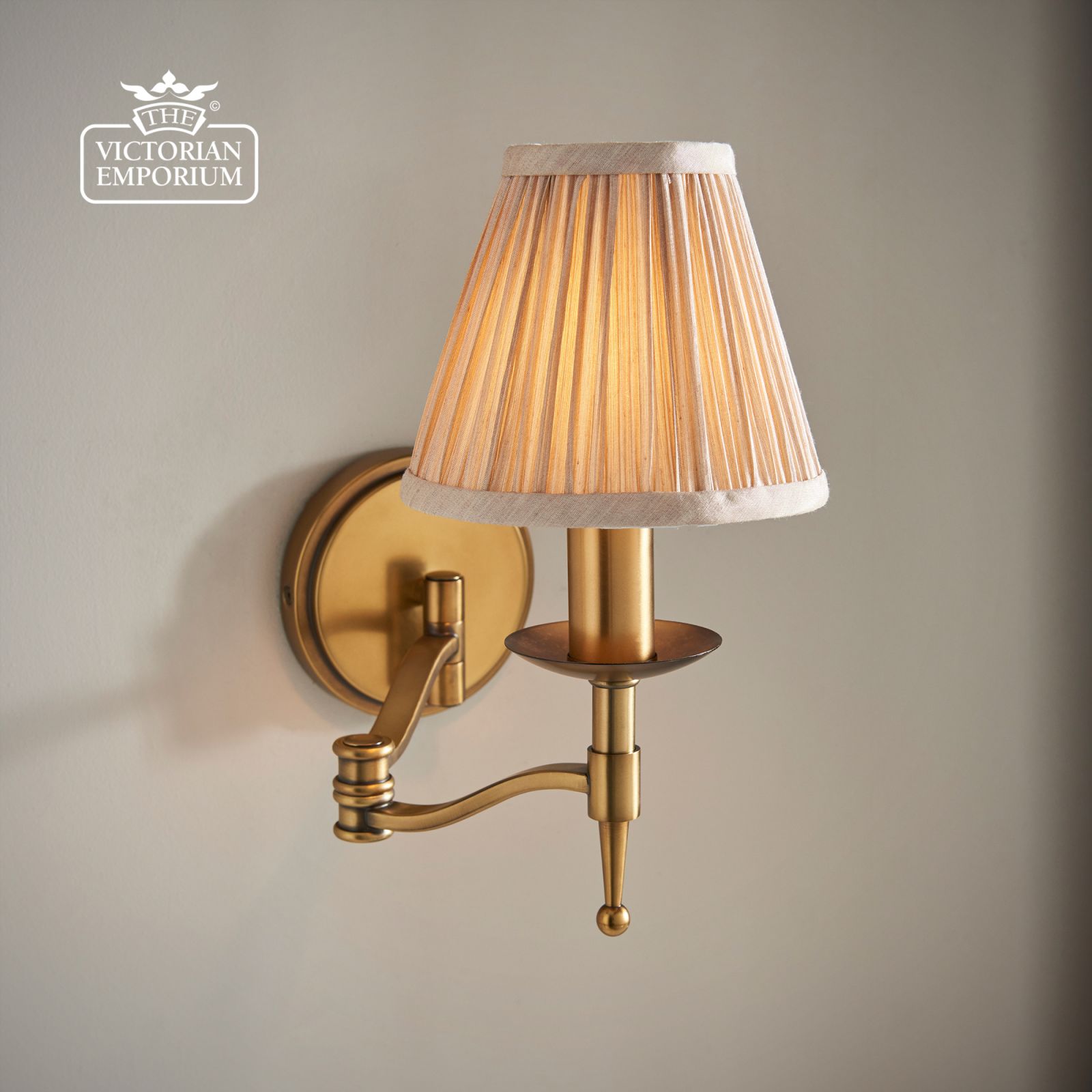 Stanford antique brass Swing arm wall light with beige shade