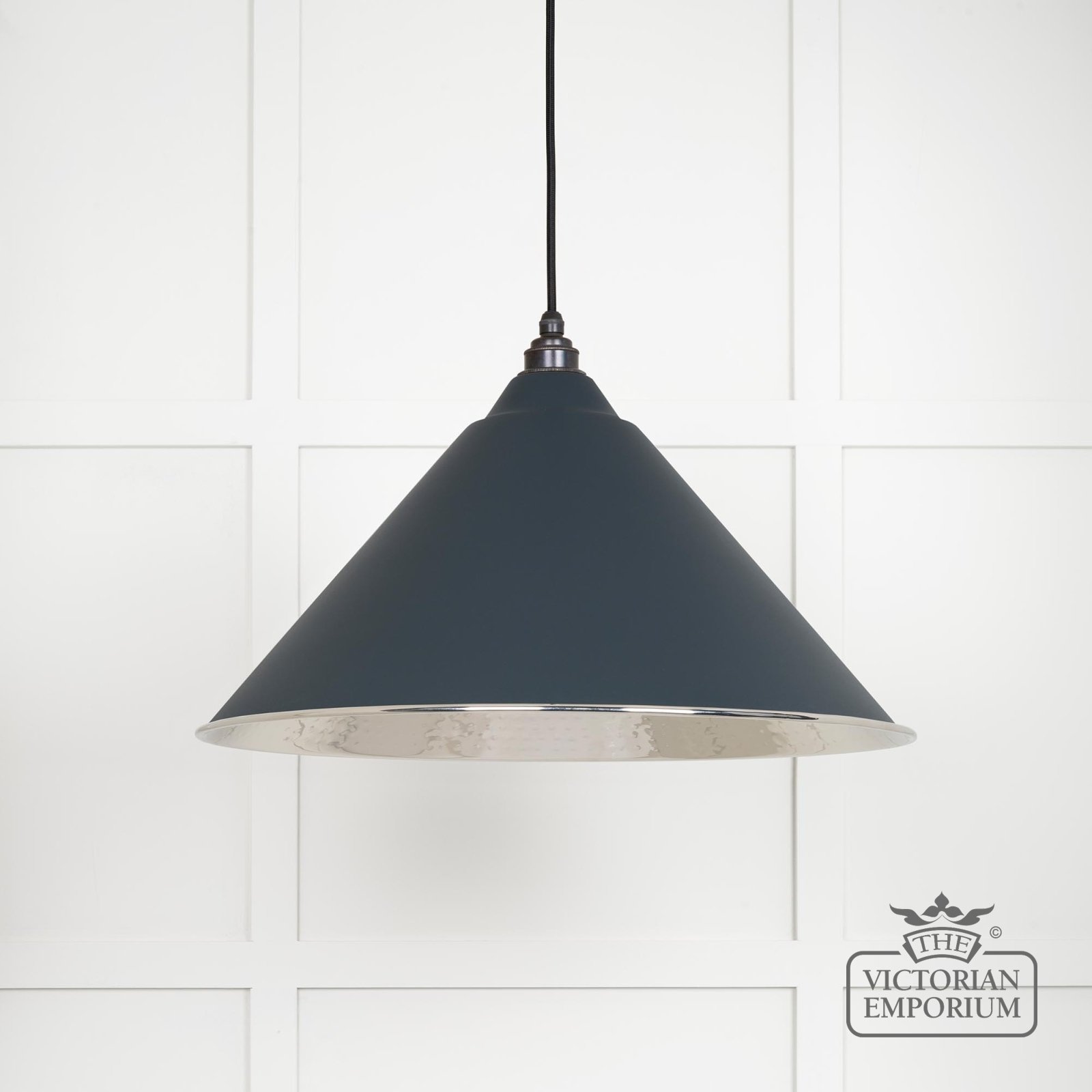 Hockliffe pendant light in hammered nickel and soot exterior