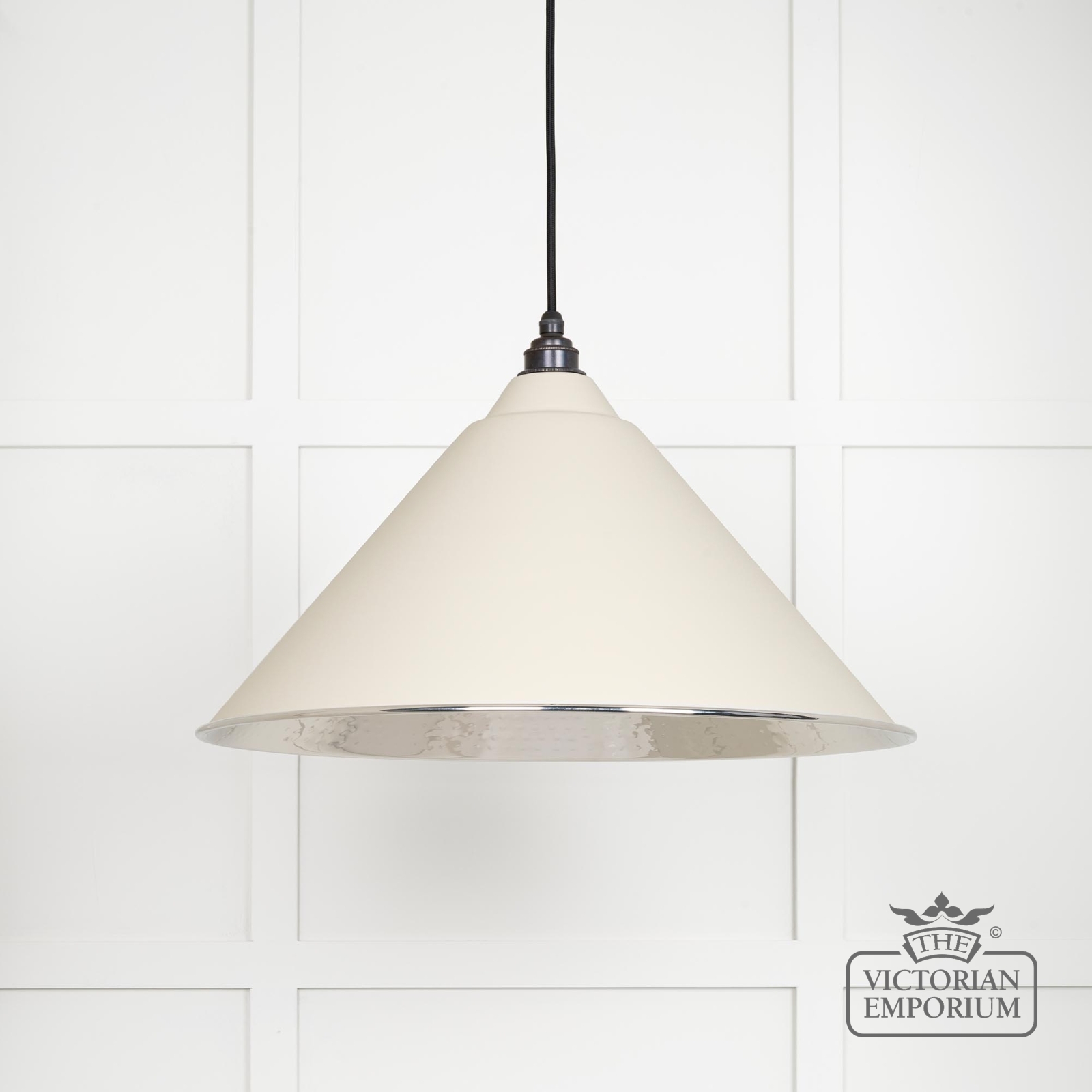 Hockliffe pendant light in hammered nickel and off white exterior