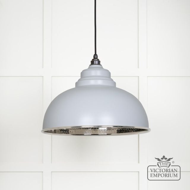 Harlow Pendant light in Hammered Nickel with Birch Exterior