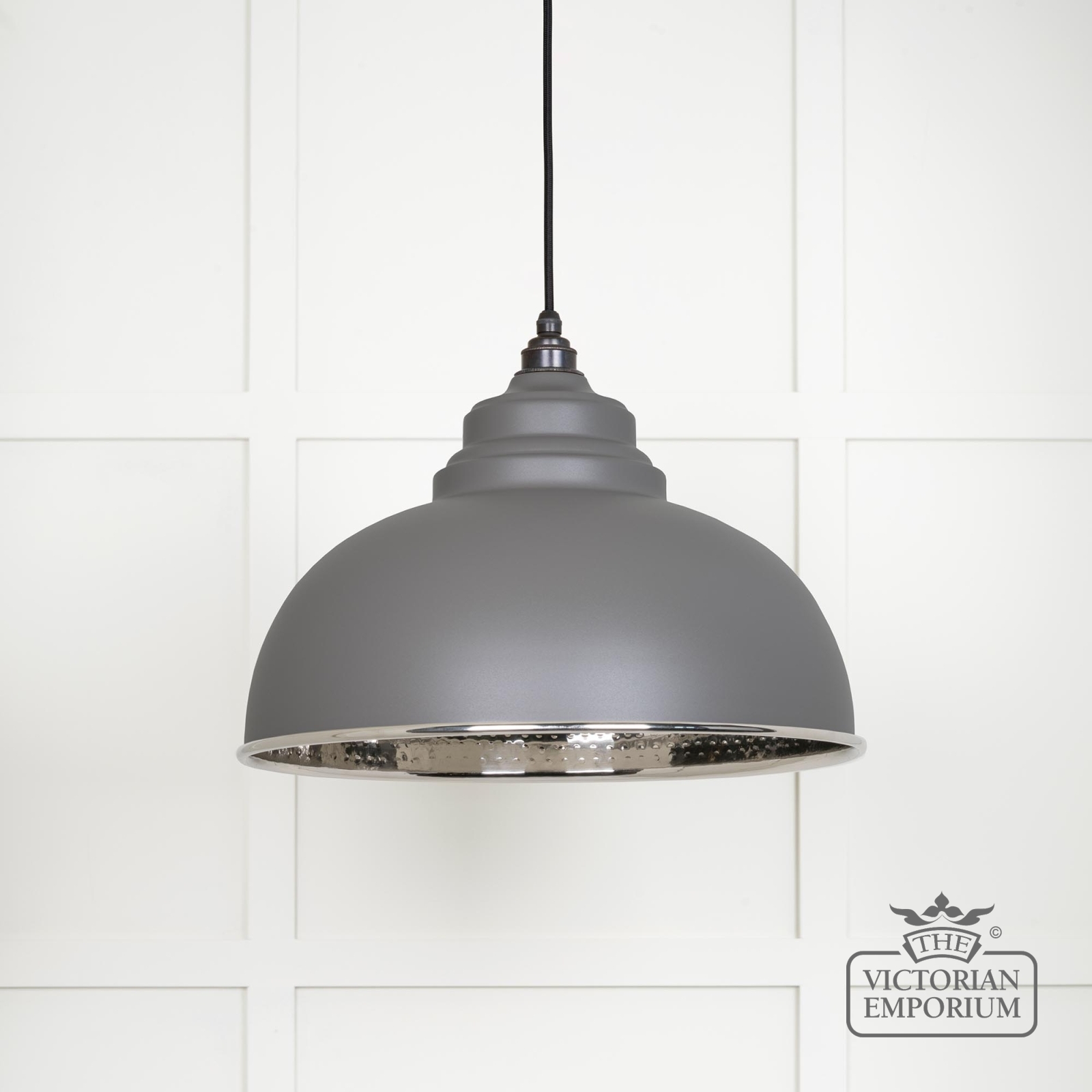 Harlow pendant light in hammered nickel with bluff exterior