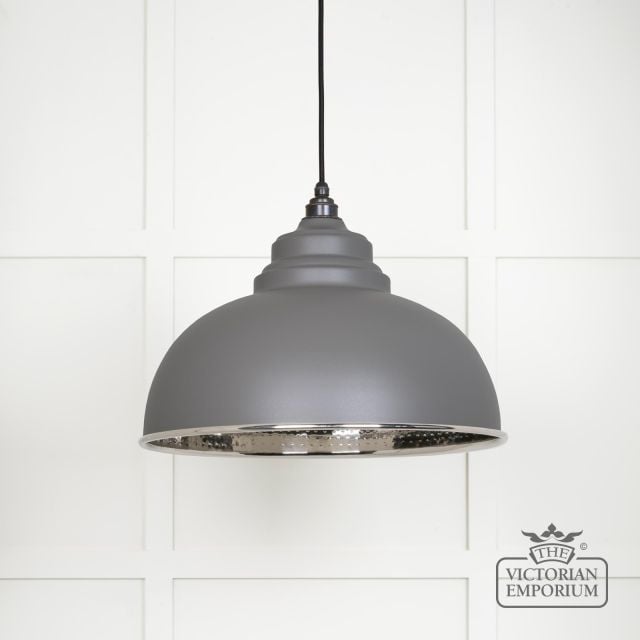 Harlow Pendant light in Hammered Nickel with Bluff Exterior