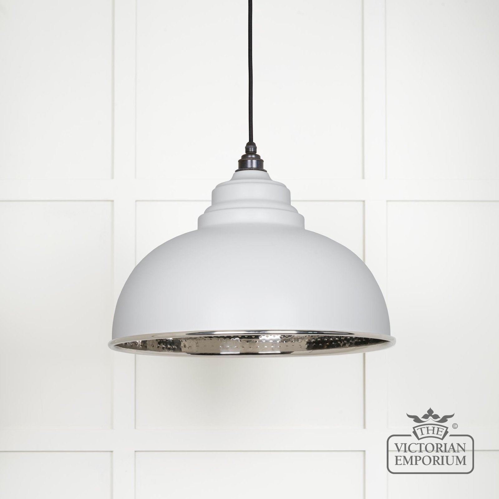 Harlow pendant light in hammered nickel with flock exterior