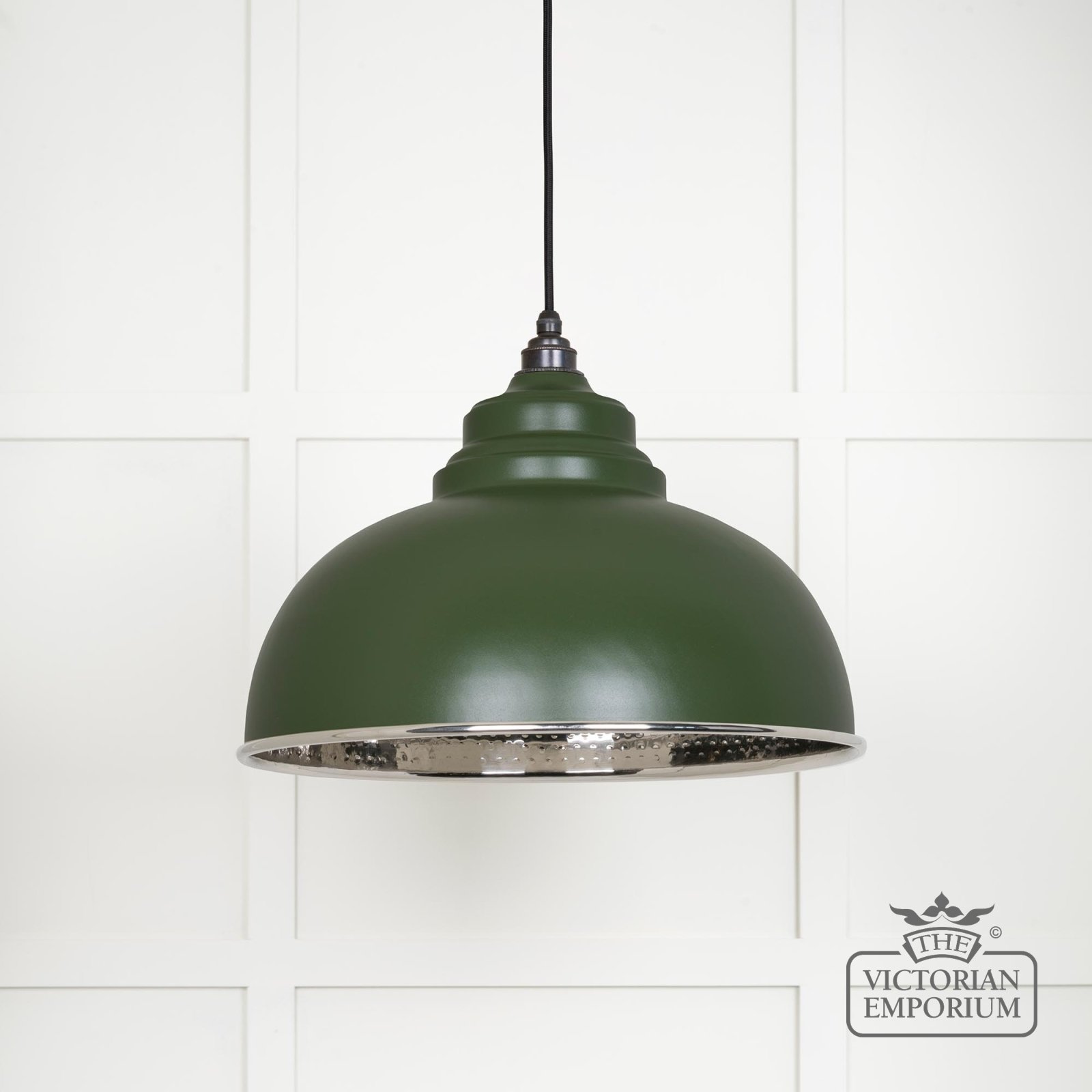 Harlow pendant light in hammered nickel with heath exterior