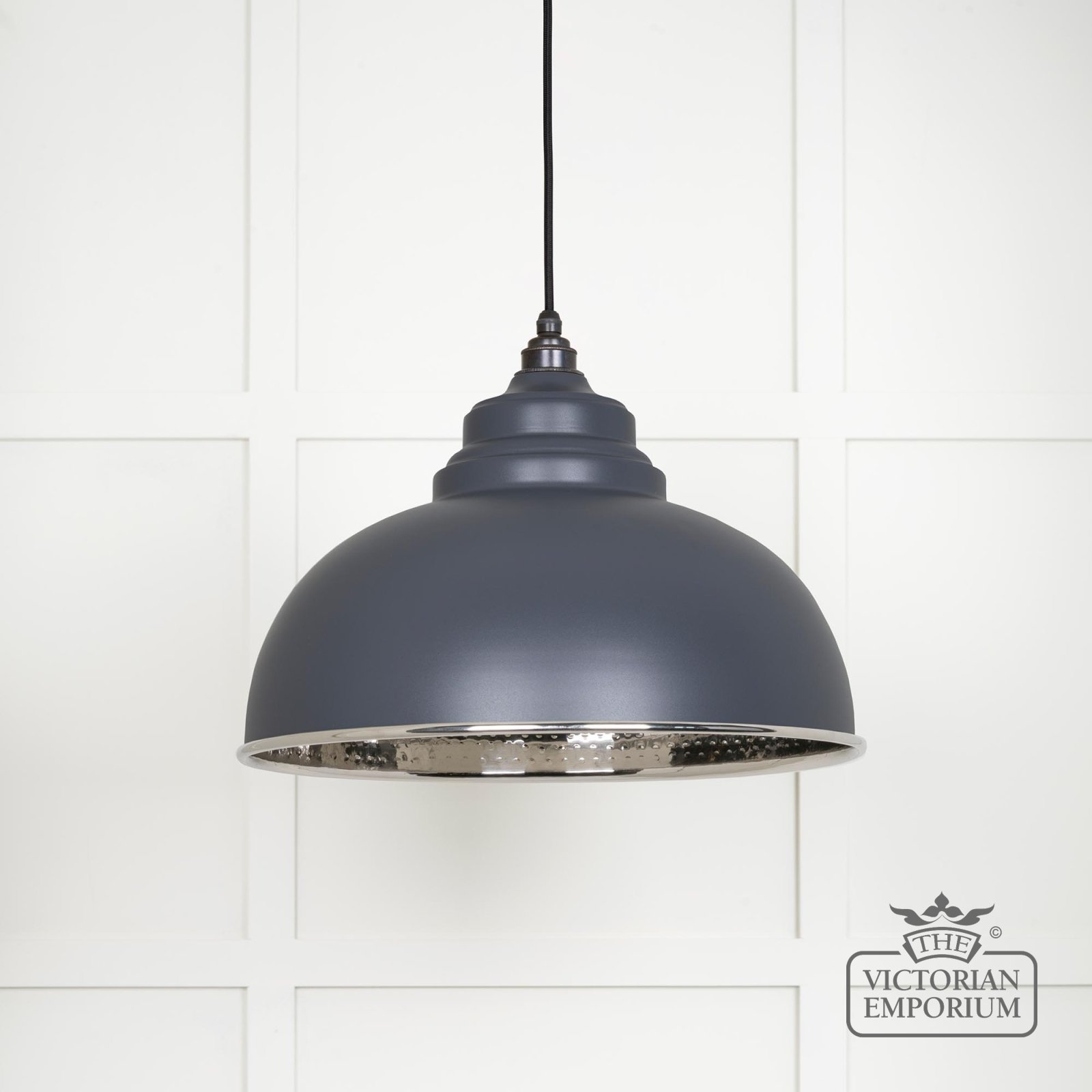 Harlow Pendant light in Hammered Nickel with Slate Exterior