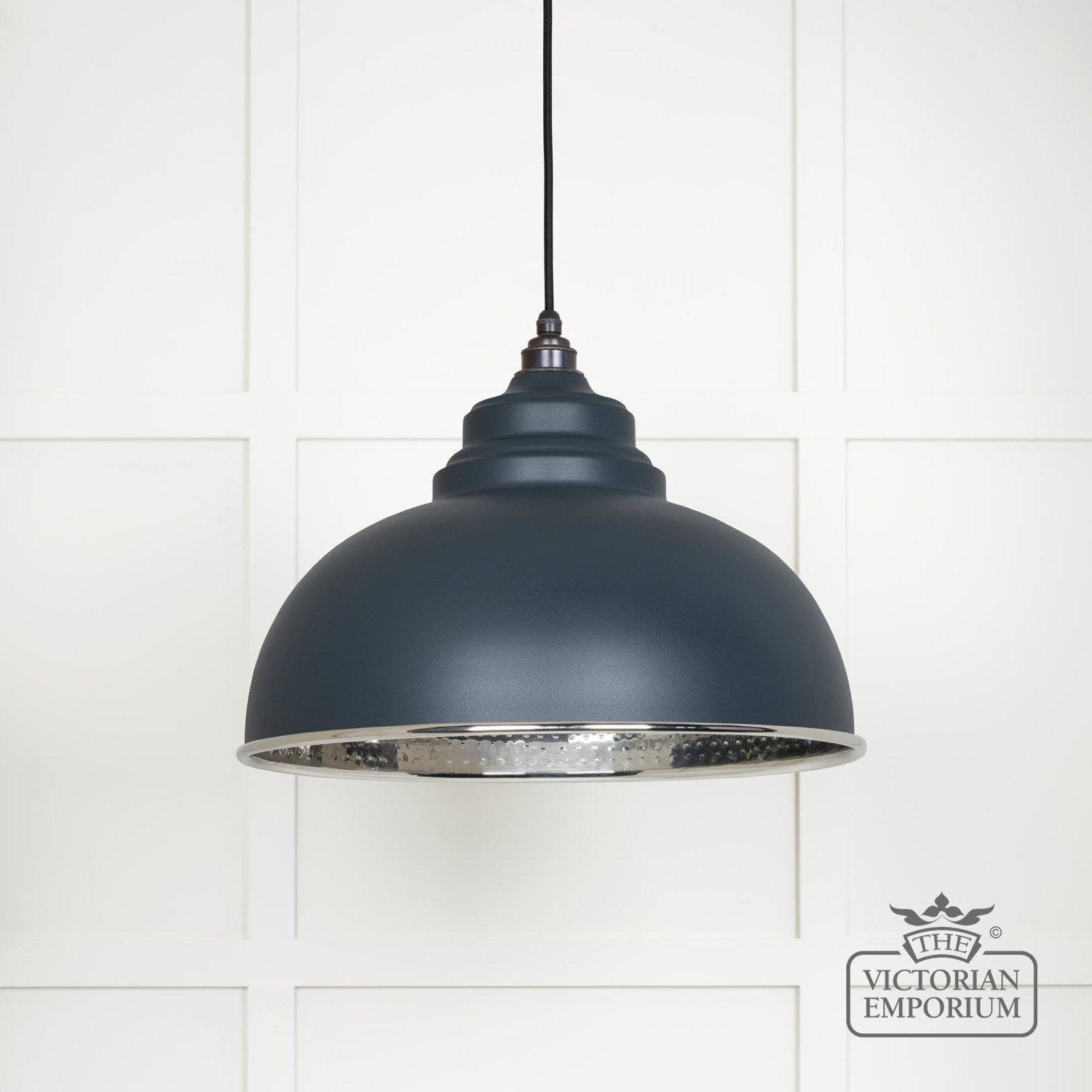 Harlow Pendant light in Hammered Nickel with Soot Exterior
