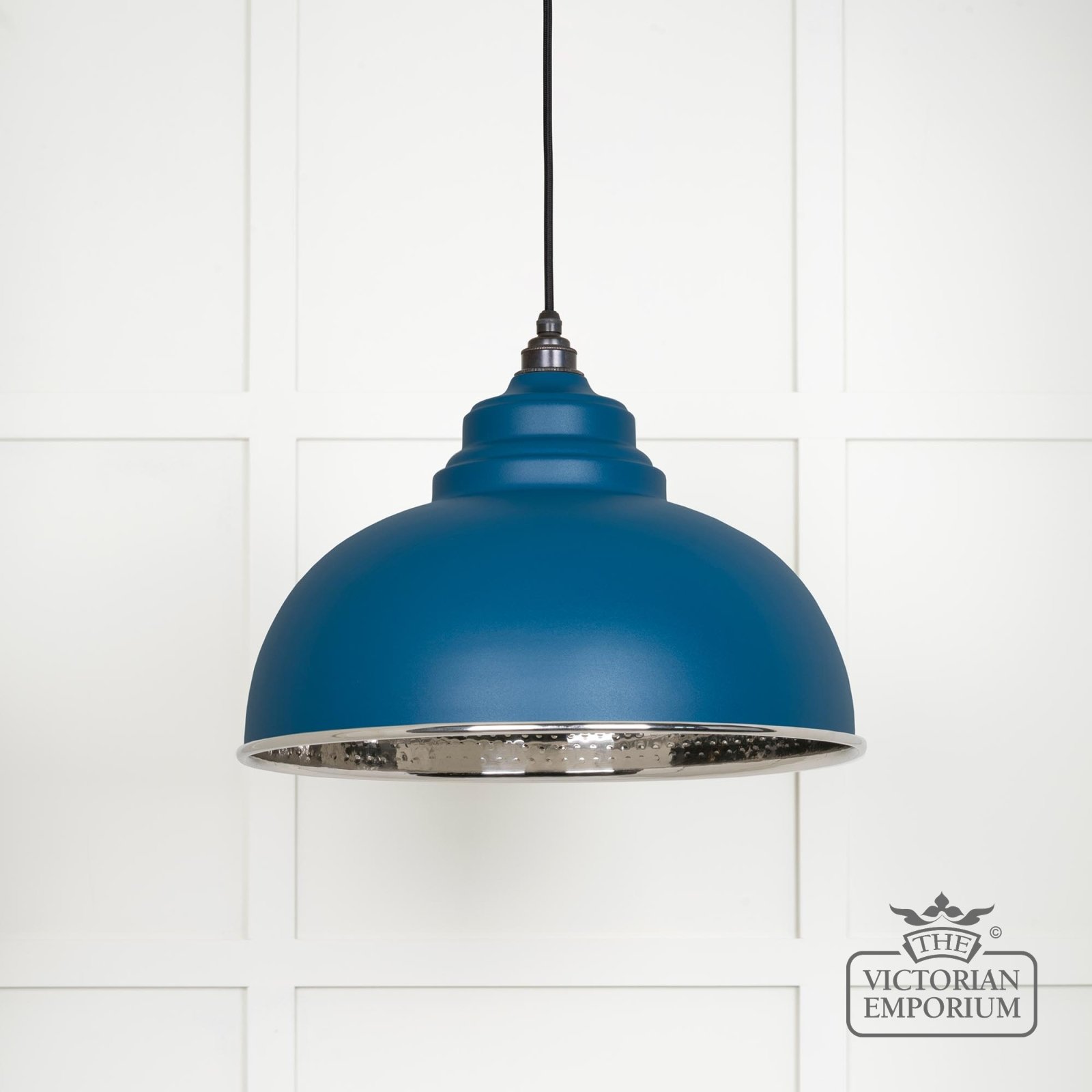 Harlow pendant light in hammered nickel with upstream exterior