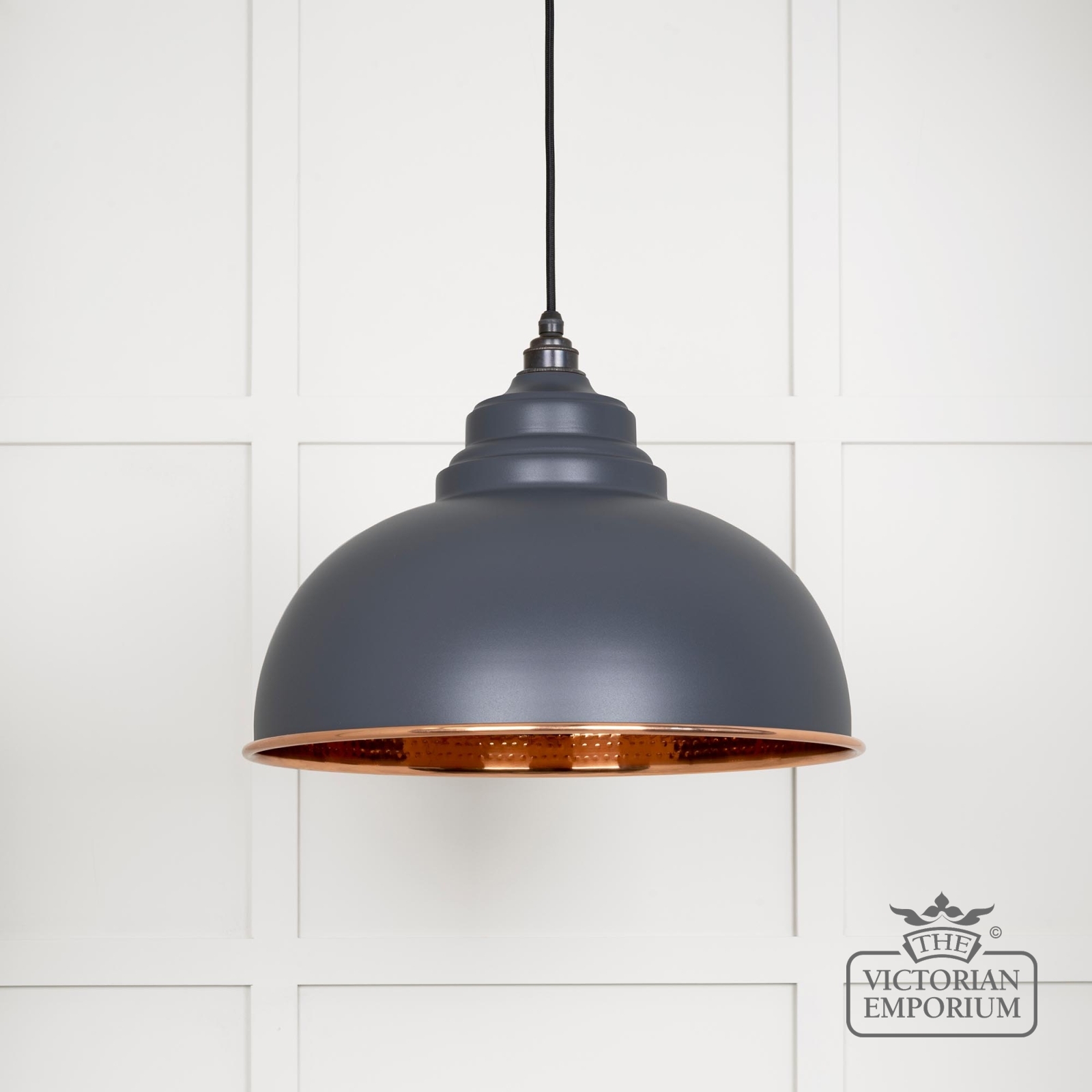 Harlow pendant light in hammered copper with Slate exterior
