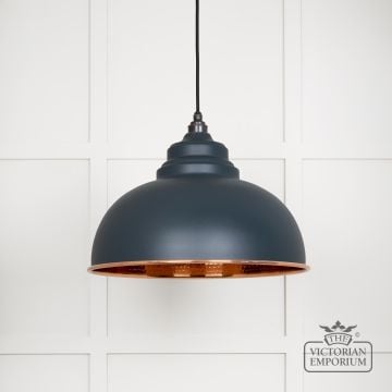 Harlow pendant light in hammered copper with Soot exterior