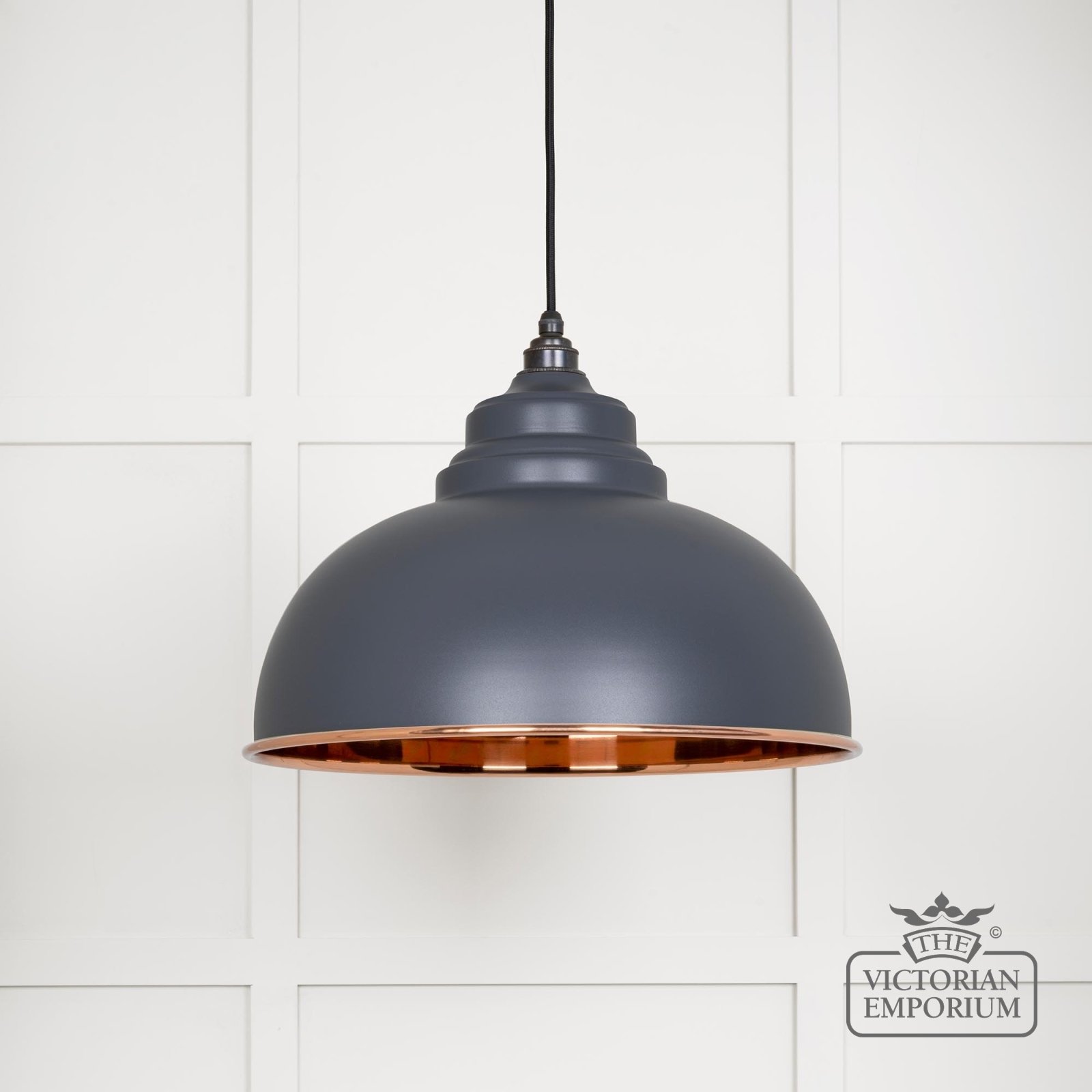Harlow pendant light in smooth copper with Slate exterior