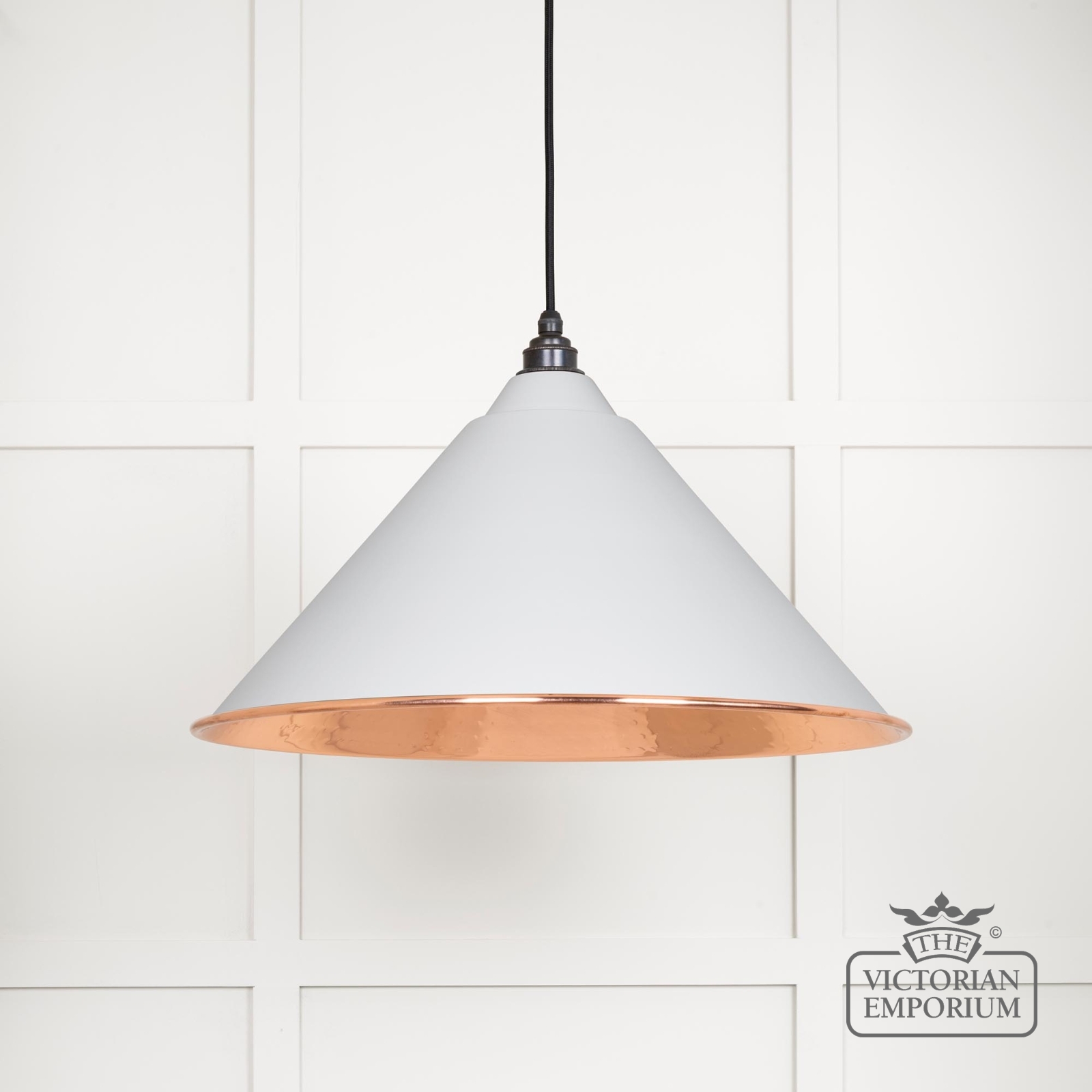 Hockliffe pendant light in Flock and hammered copper