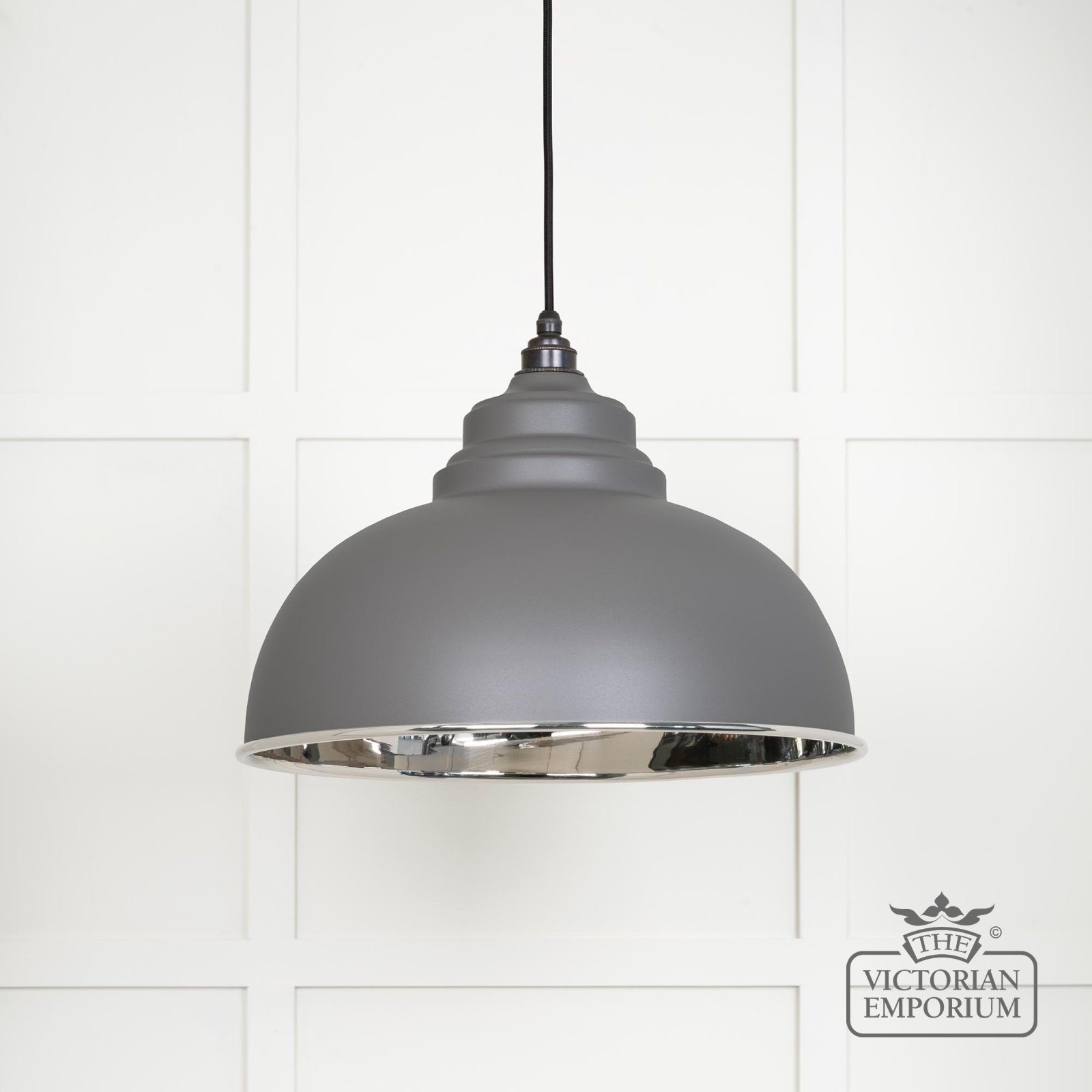 Harlow pendant light in smooth nickel with Bluff exterior