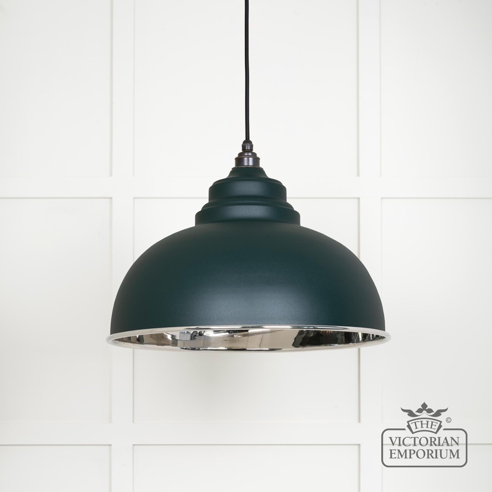 Harlow pendant light in smooth nickel with Dingle exterior
