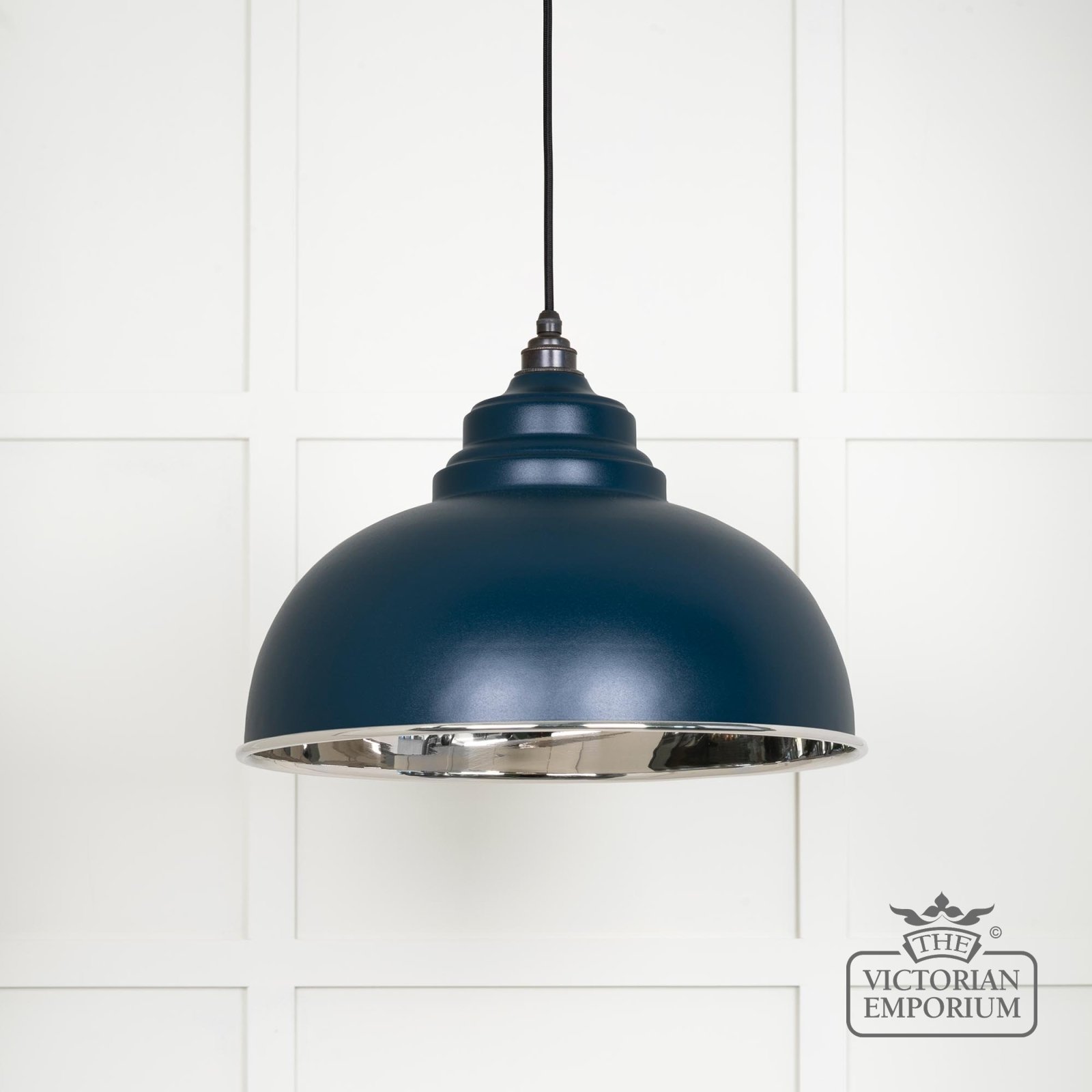 Harlow pendant light in smooth nickel with Dusk exterior