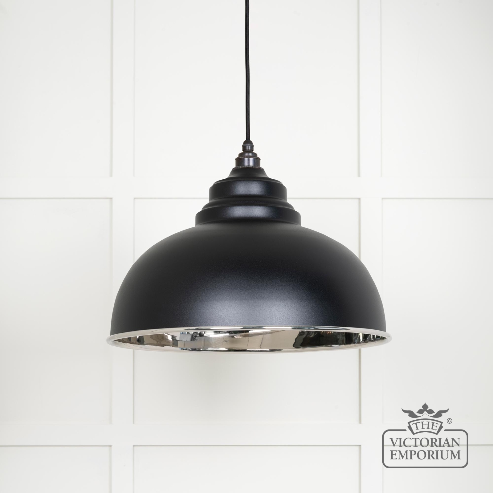 Harlow pendant light in smooth nickel with Black exterior