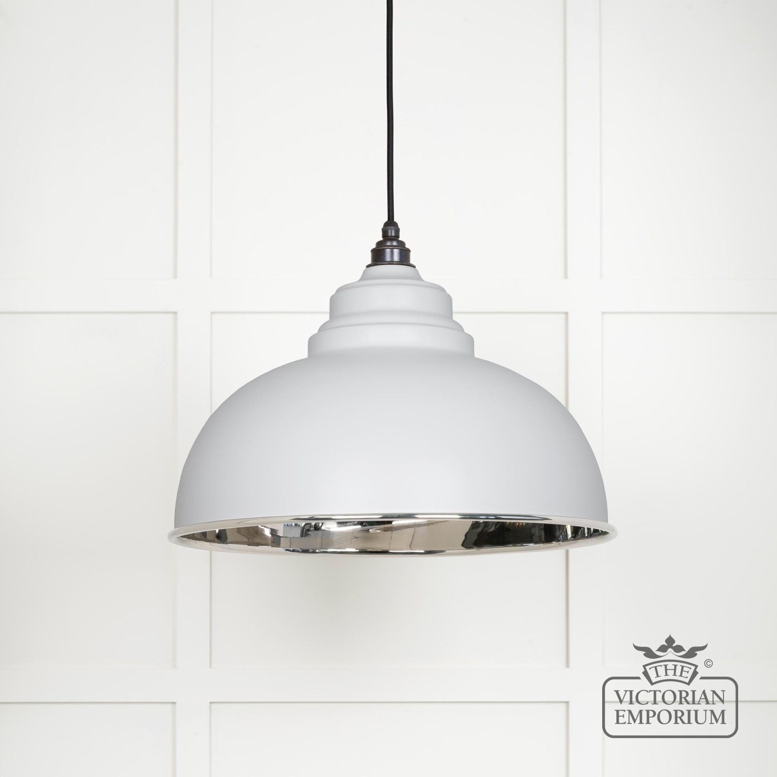 Harlow pendant light in smooth nickel with Flock exterior