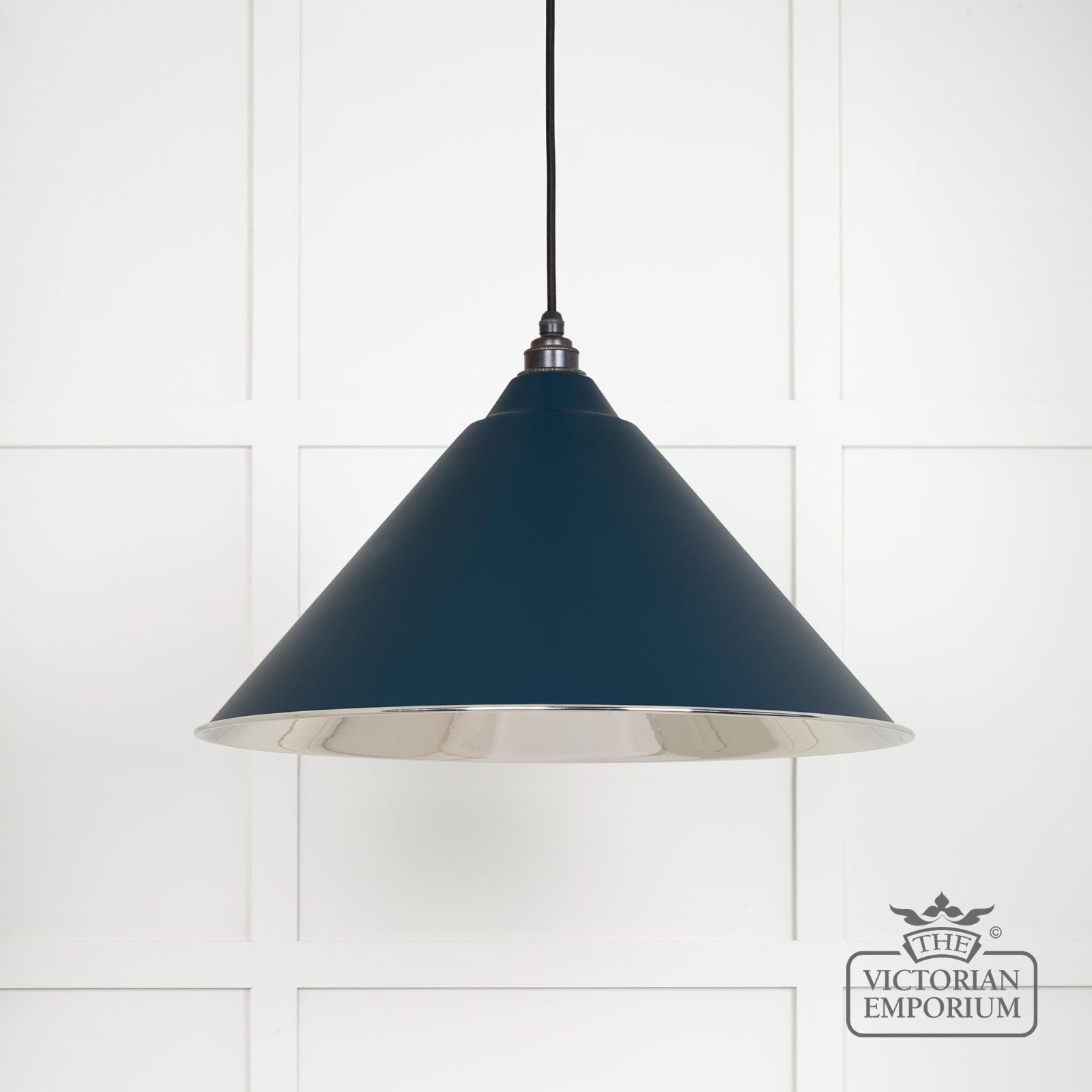 Hockliffe pendant light in smooth nickel and Dusk exterior