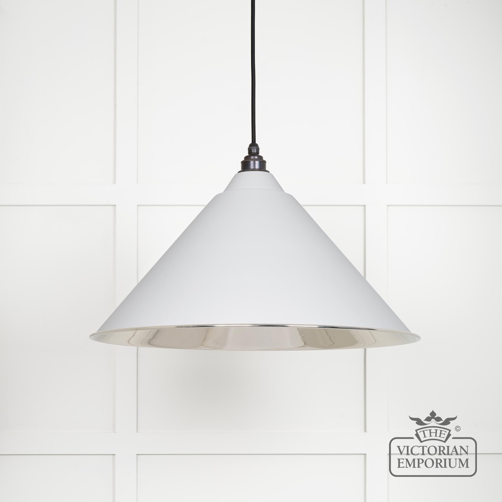 Hockliffe pendant light in smooth nickel and Flock exterior