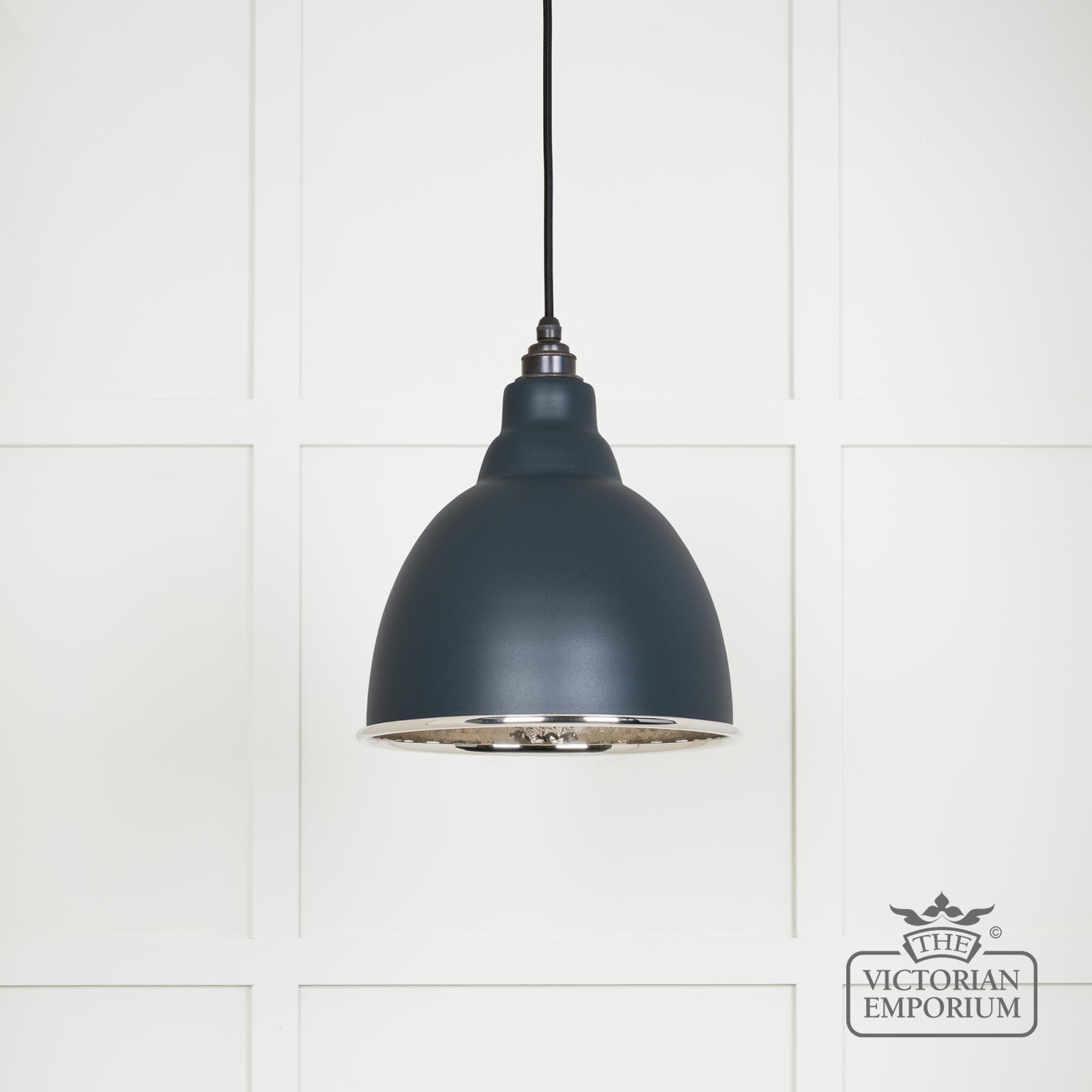 Brindle Pendant Light in Soot with Hhammered Nickel Interior