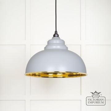 Harlow pendant light in hammered brass with painted Birch exterior