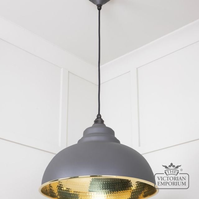 Harlow Pendant Light In Hammered Brass With Painted Bluff Exterior 49521bl 2 L