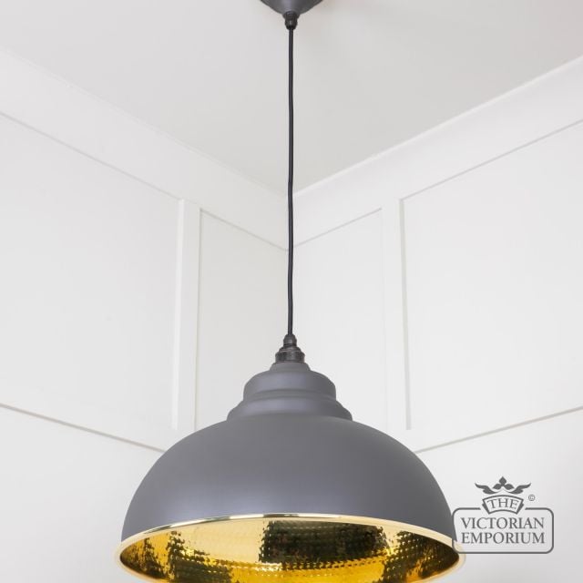 Harlow Pendant Light In Hammered Brass With Painted Bluff Exterior 49521bl 3 L