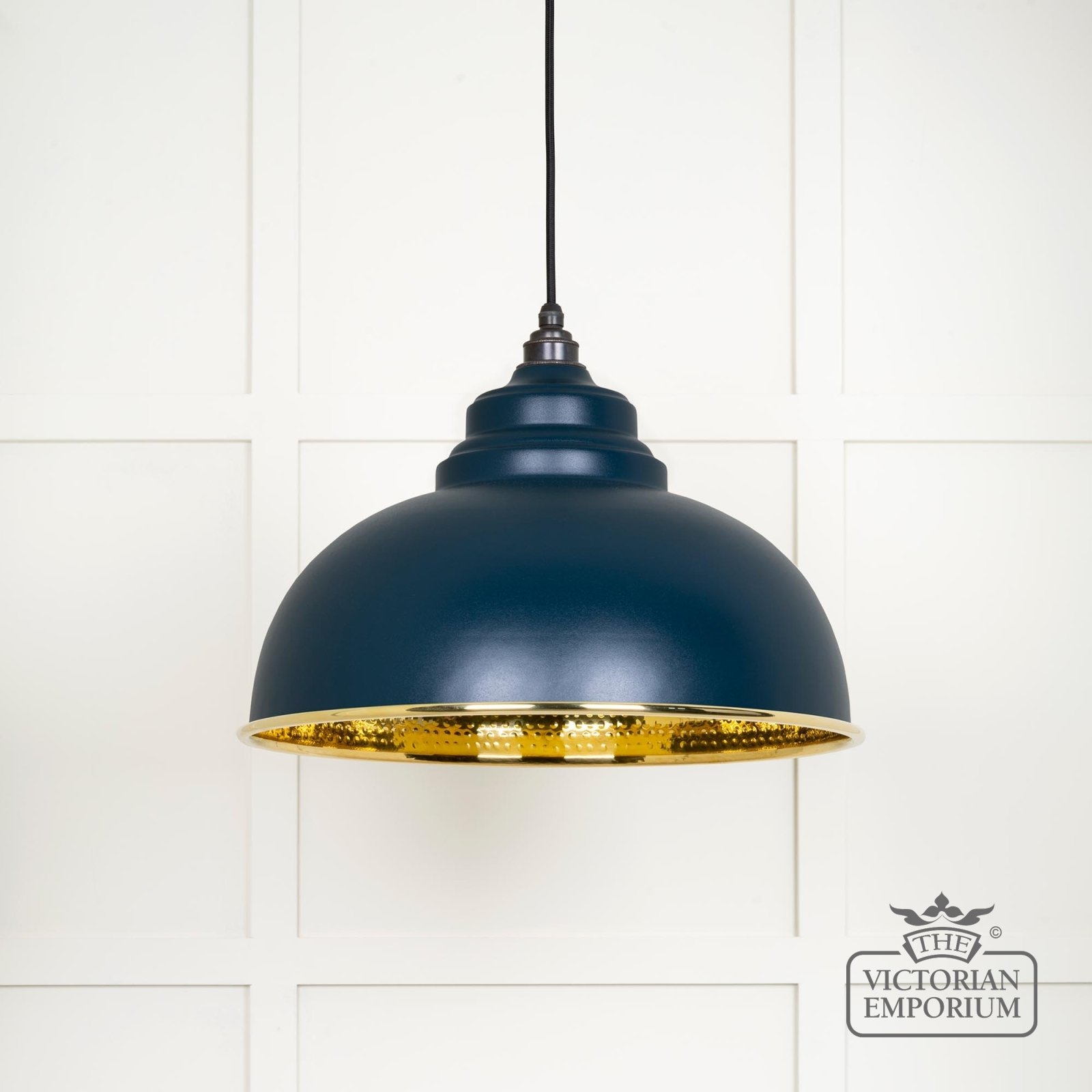 Harlow pendant light in hammered brass with painted Dusk exterior