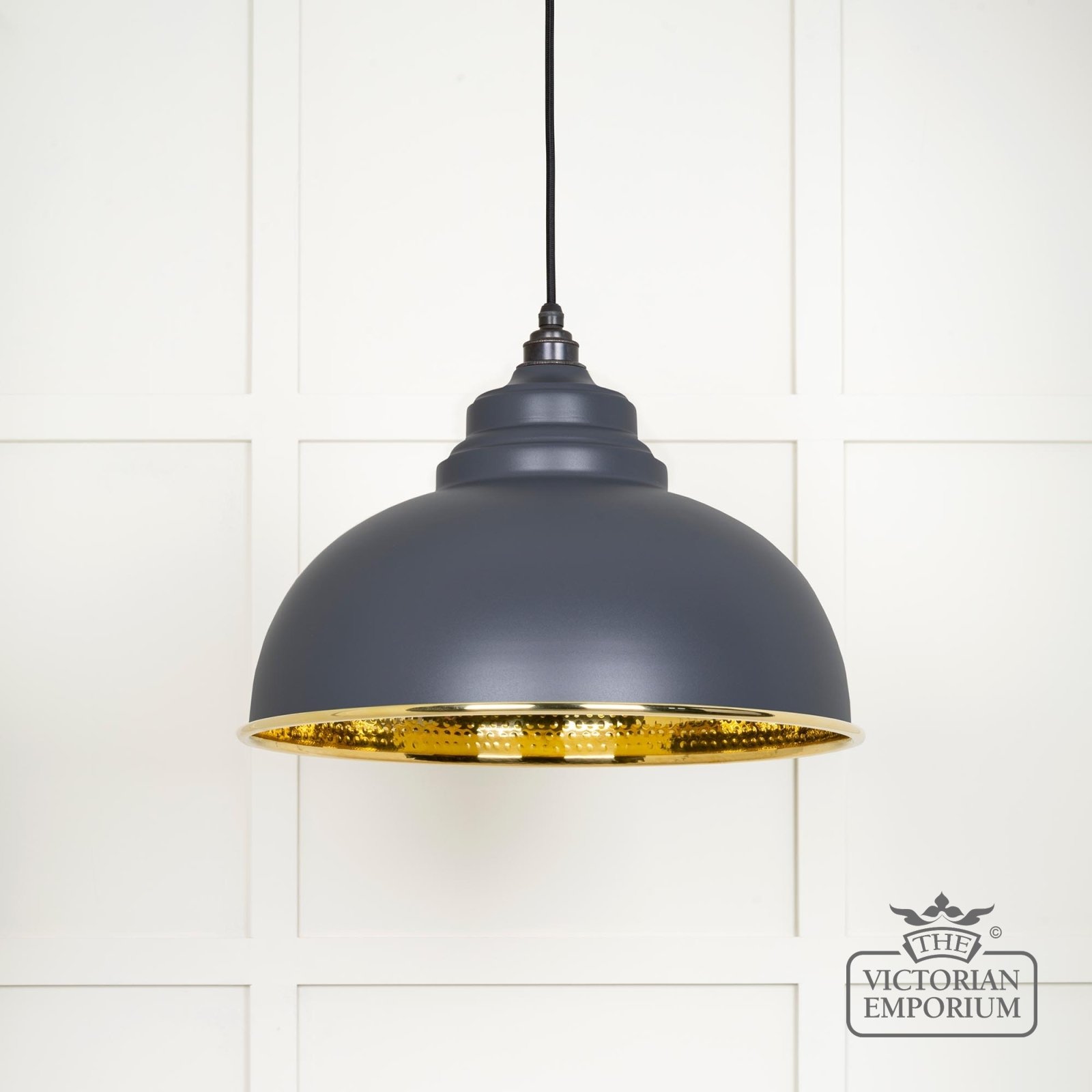 Harlow pendant light in hammered brass with painted Slate exterior