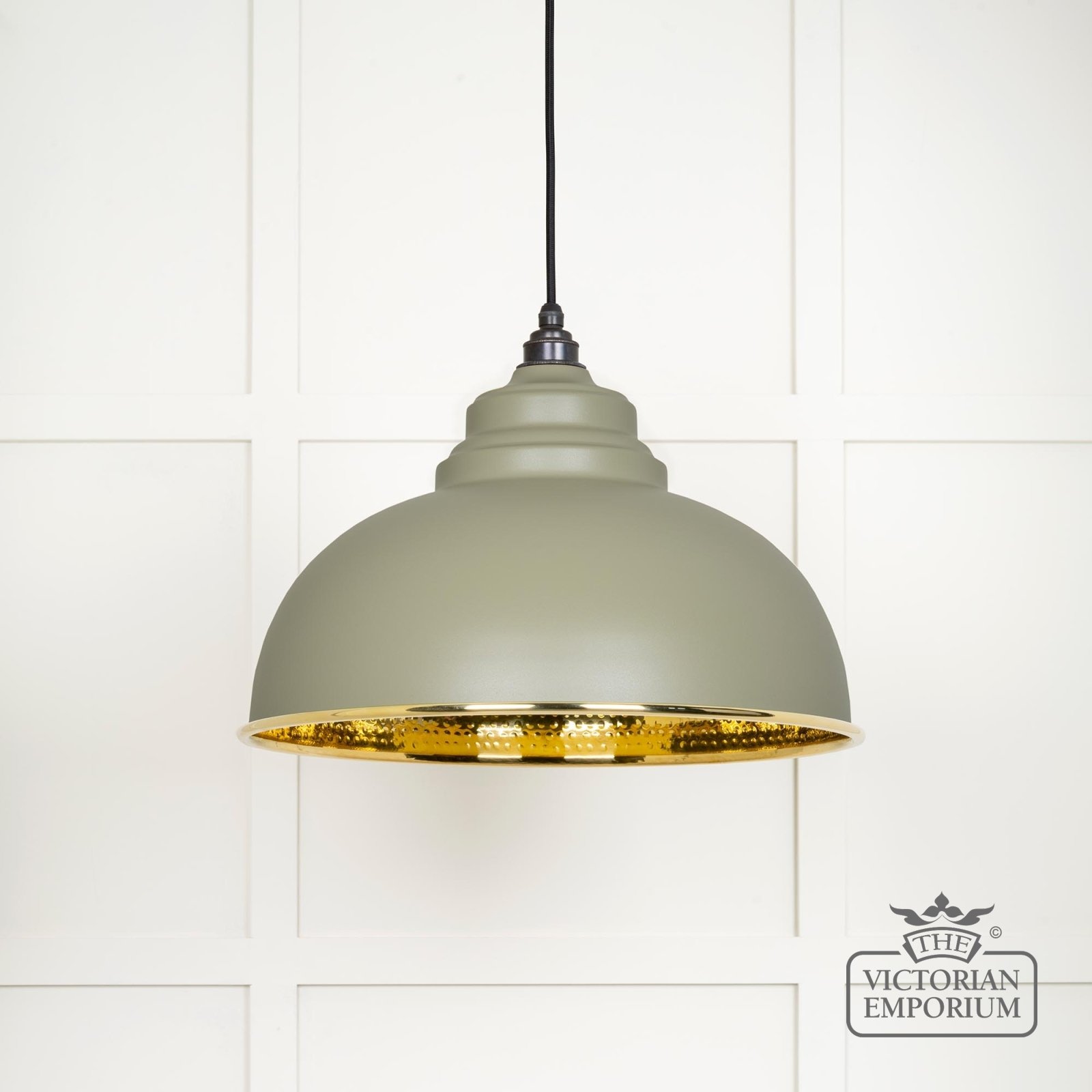 Harlow pendant light in hammered brass with painted Tump exterior