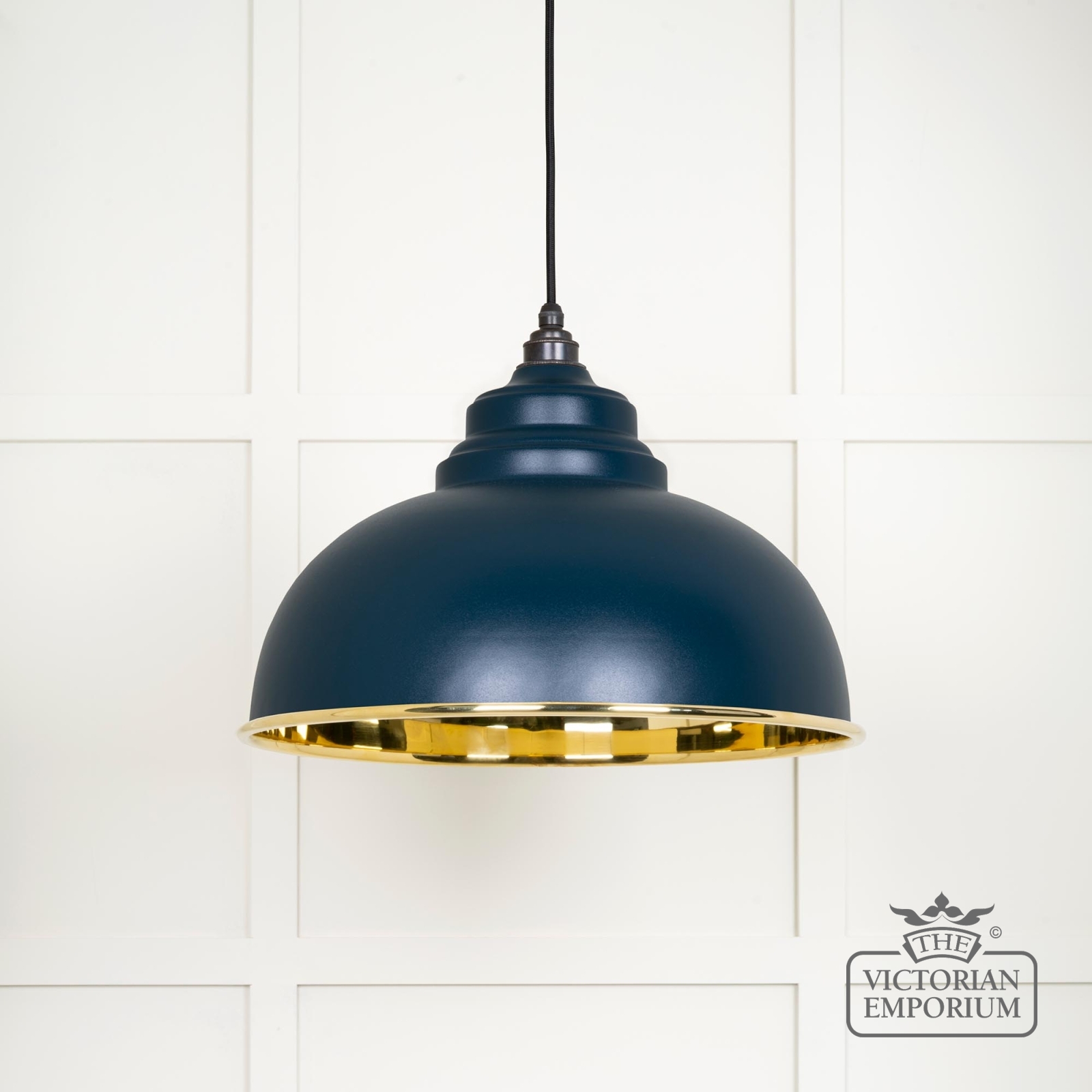 Harlow pendant light in smooth brass with painted Dusk exterior