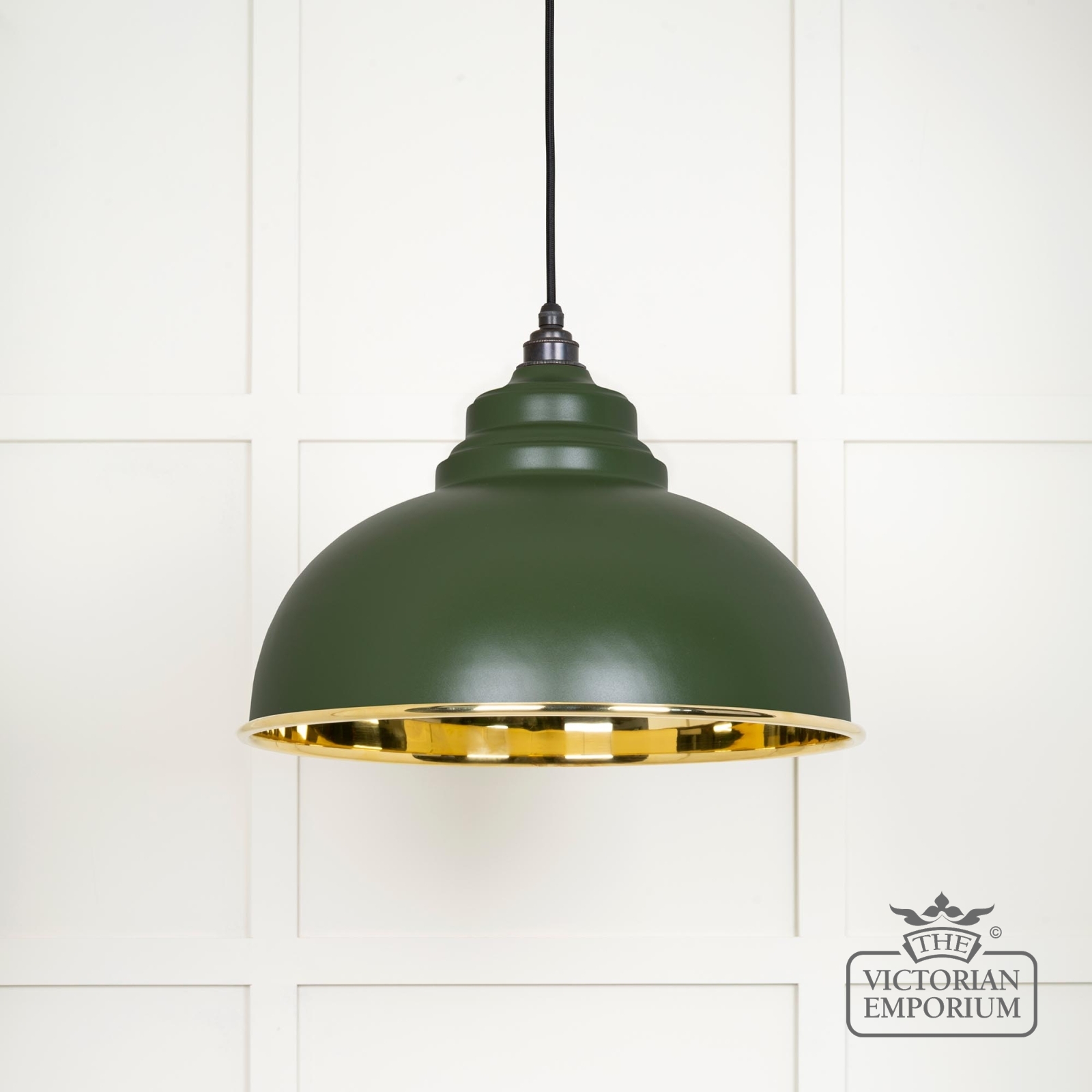 Harlow pendant light in smooth brass with painted Heath exterior