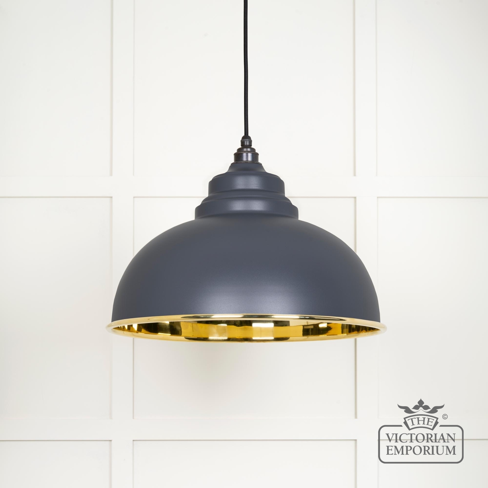 Harlow pendant light in smooth brass with painted Slate exterior