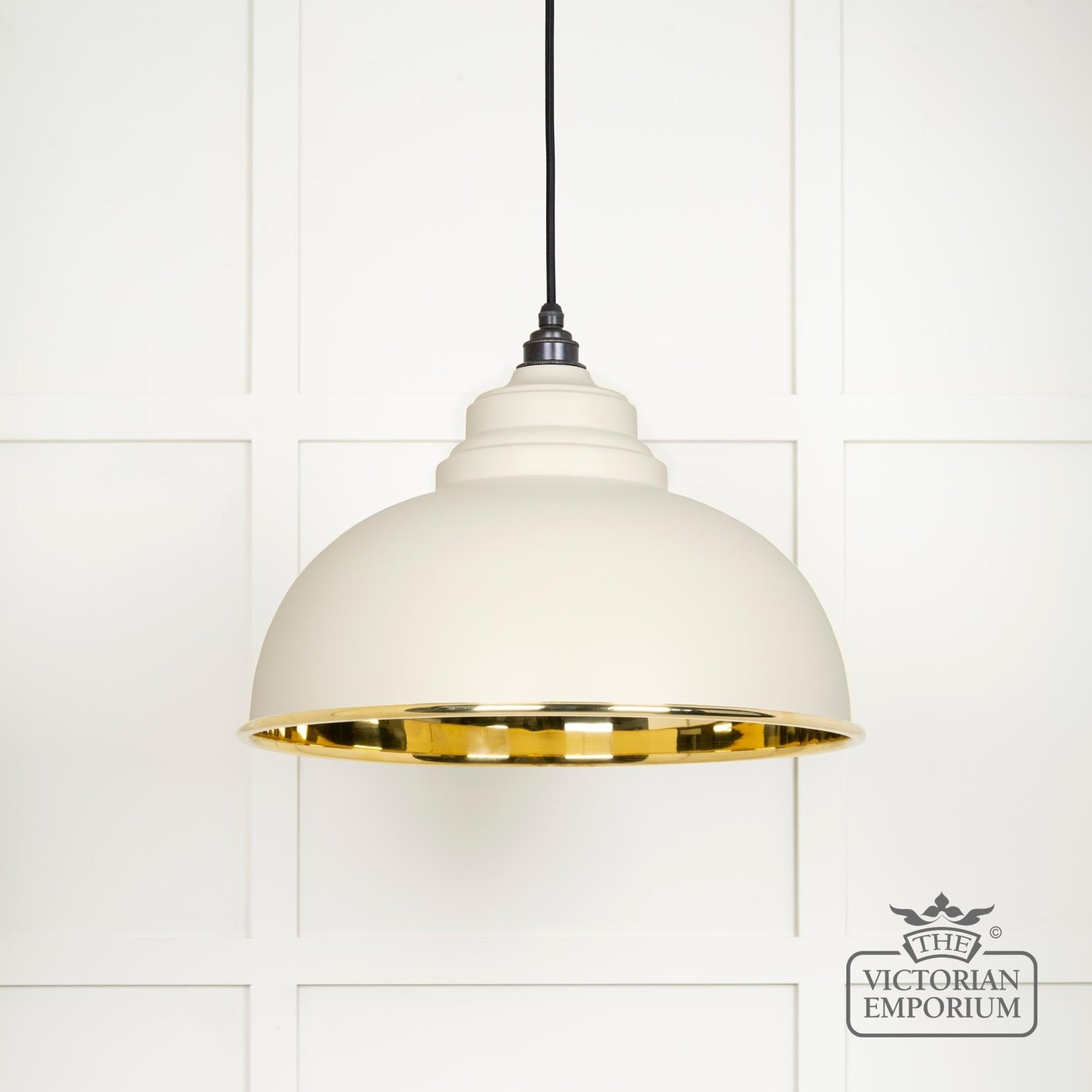 Harlow pendant light in smooth brass with painted Teasel exterior