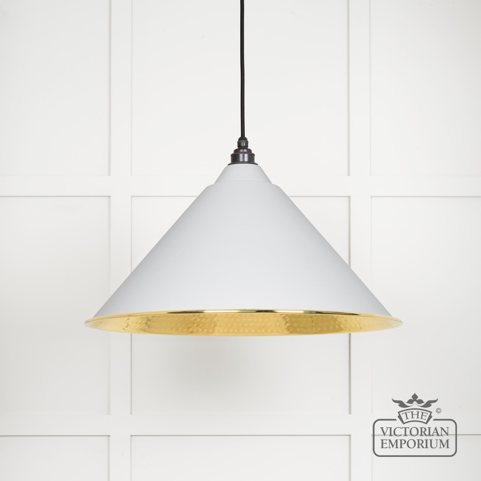 Hockliffe pendant light in Flock and Hammered Brass