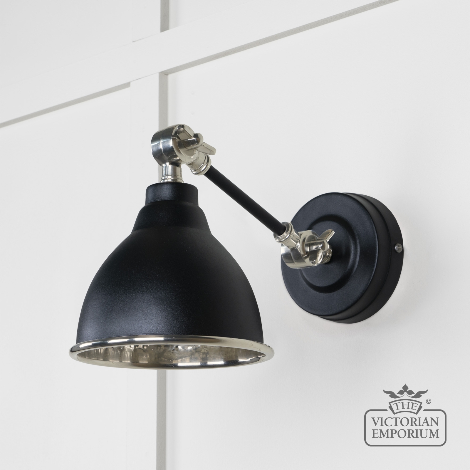 Brindle Wall Light with Hammered Nickel Interior and Black Exterior