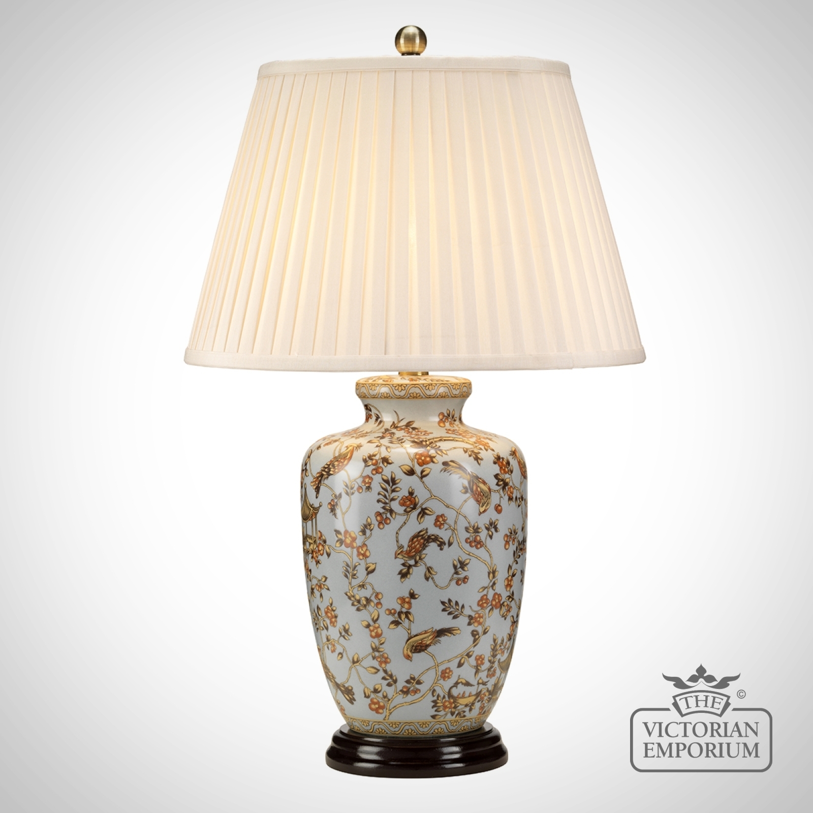 Gold Birds Table Lamp with Porcelain Base and Fabric Shade