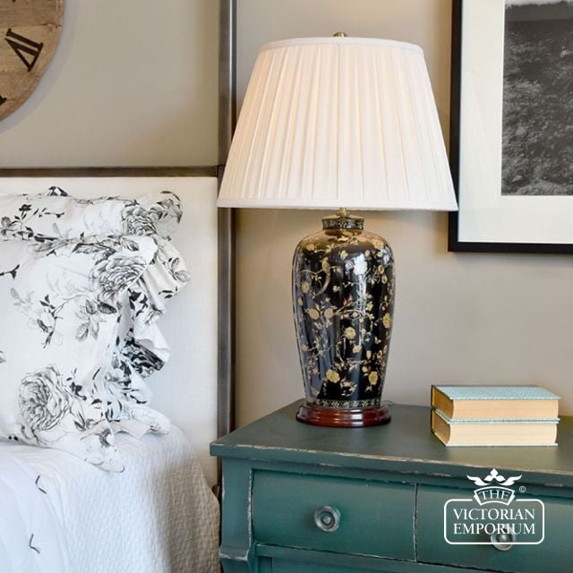 Black Birds Table Lamp With Porcelain Base And Fabric Shade Blackbirdstl Insitu3