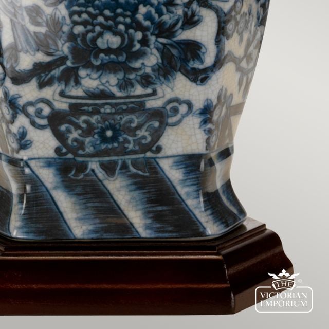 Blue Hexagonal Table Lamp With Porcelain Base And Fabric Shade Blue Hex Tl Detail2