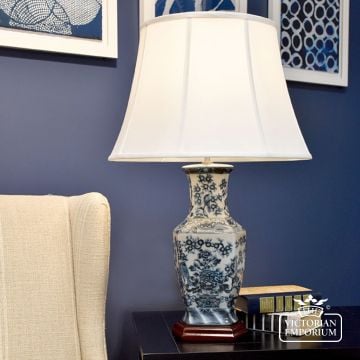 Blue Hexagonal Table Lamp With Porcelain Base And Fabric Shade Blue Hex Tl Insitu