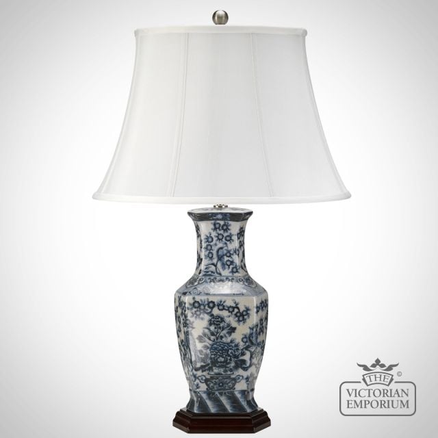 Blue Hexagonal Table Lamp With Porcelain Base And Fabric Shade Blue Hex Tl Off