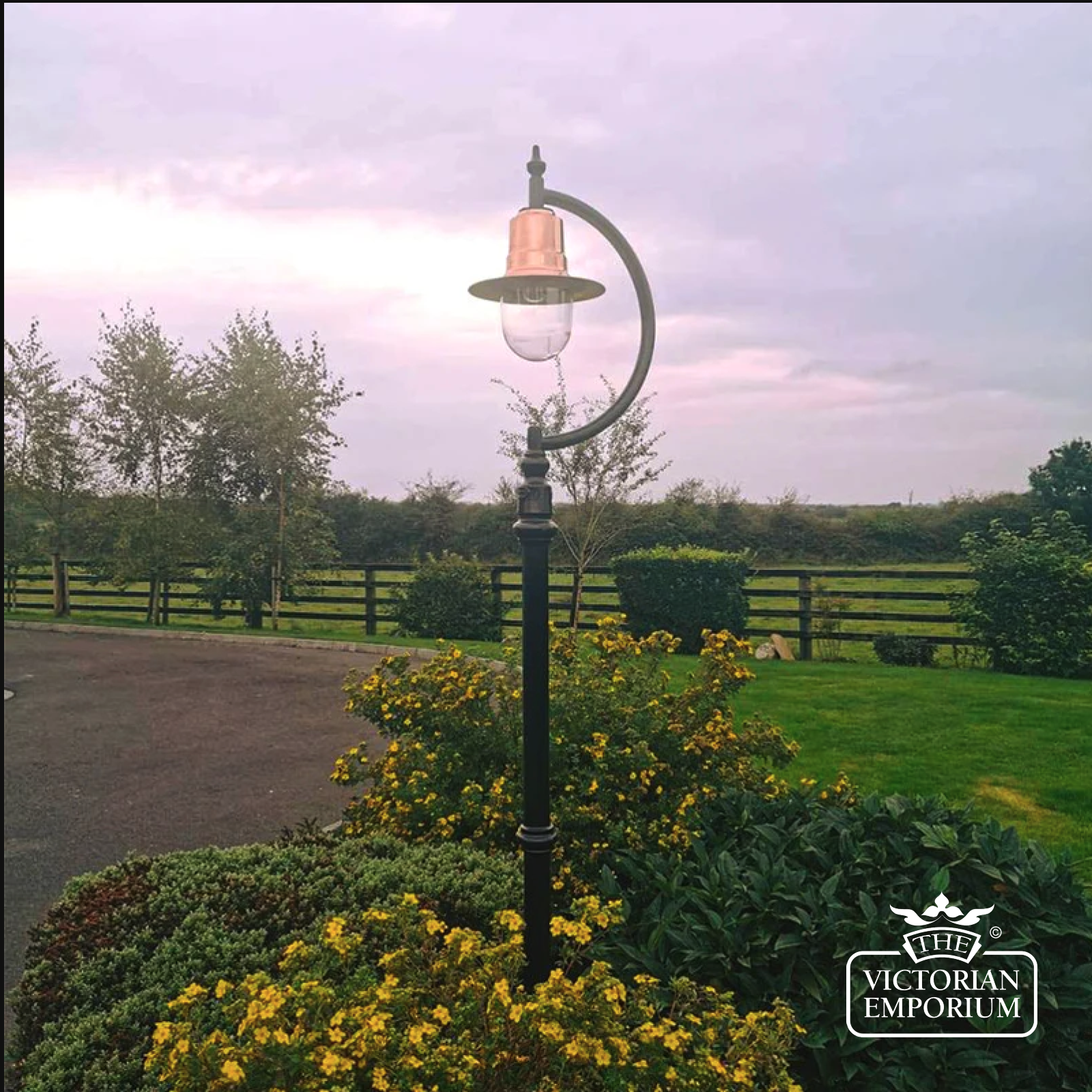 Goose Neck Outdoor Copper Lantern on Cast Iron Lamp Post in a Choice of Sizes