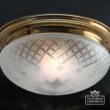 Pineapple cut glass flush mount light with brass metalwork - medium